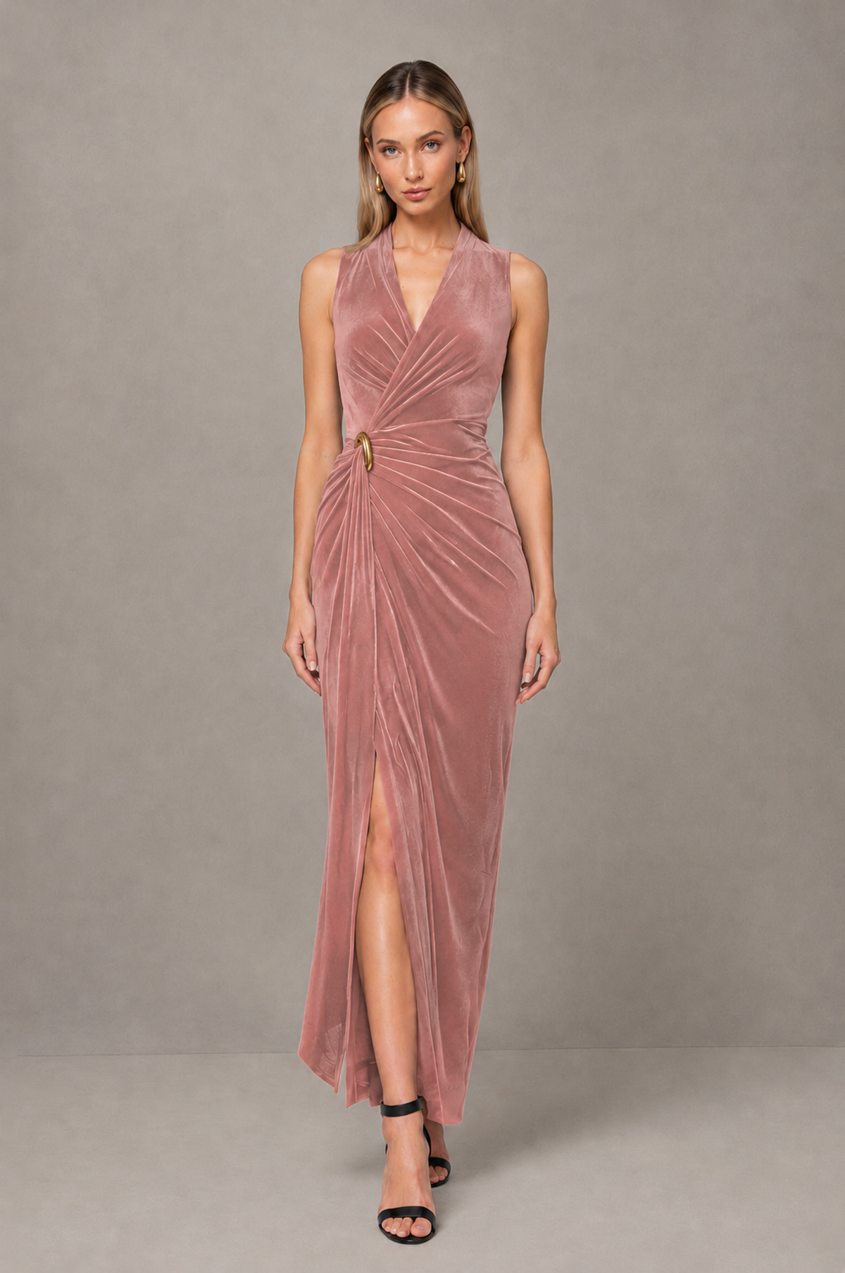 BOLODOO Dusty Rose Velvet-Look Sleeveless V-Neck Ruched Slit Maxi Dress - Dusty Rose - Dusty Rose_01