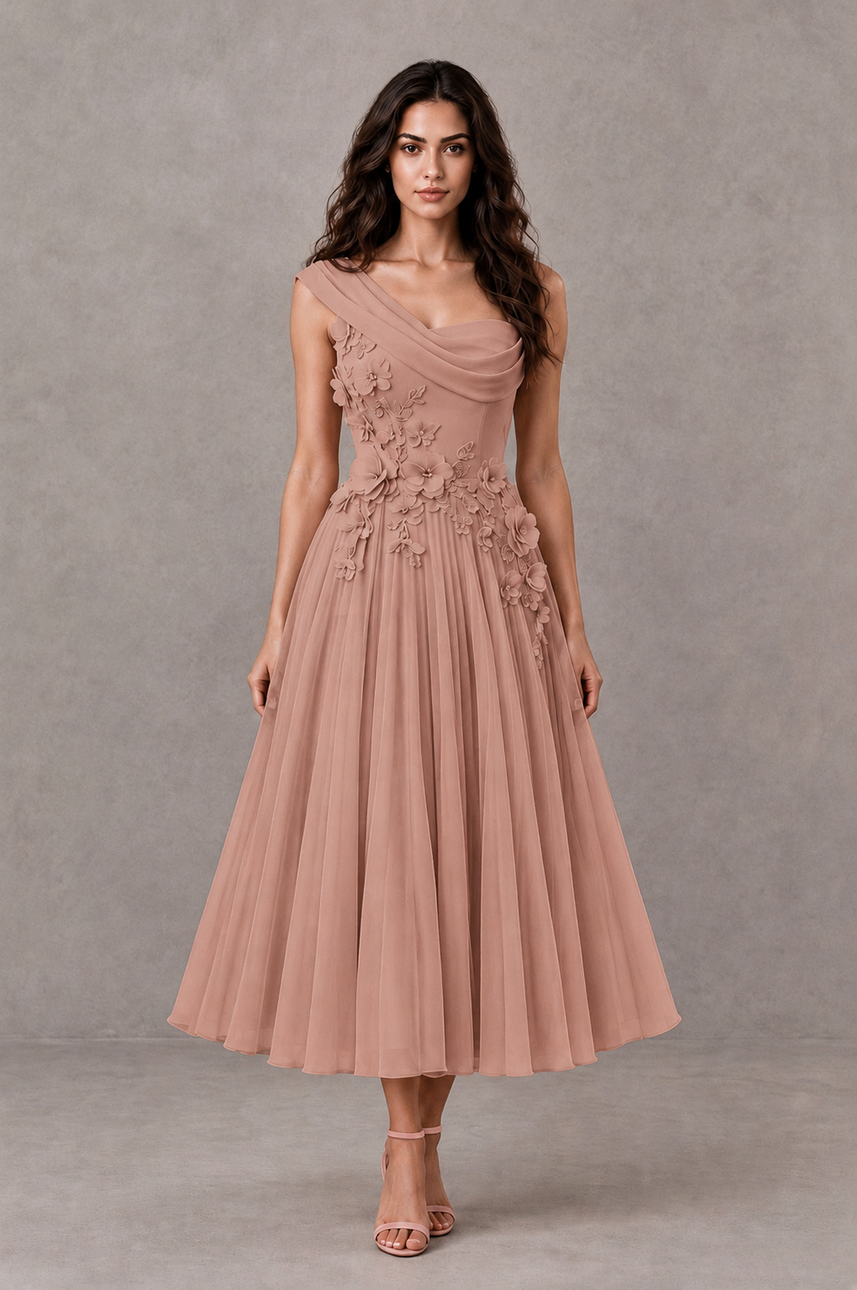 BOLODOO Dusty Rose One-Shoulder Floral Tulle Tea-Length Dress - Dusty Rose - Dusty Rose_01