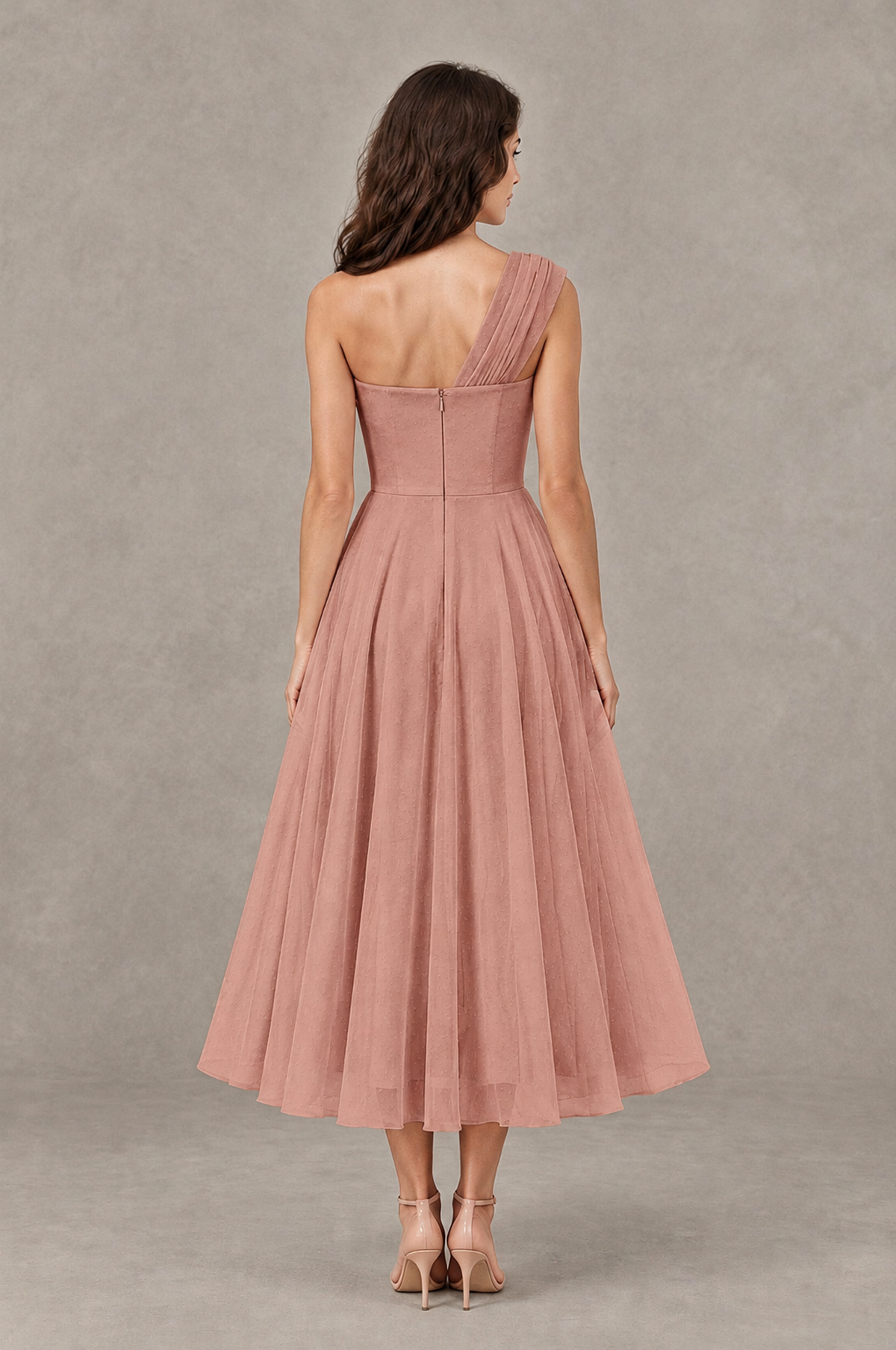 BOLODOO Dusty Rose One-Shoulder Floral Tulle Tea-Length Dress - Dusty Rose - Dusty Rose_02