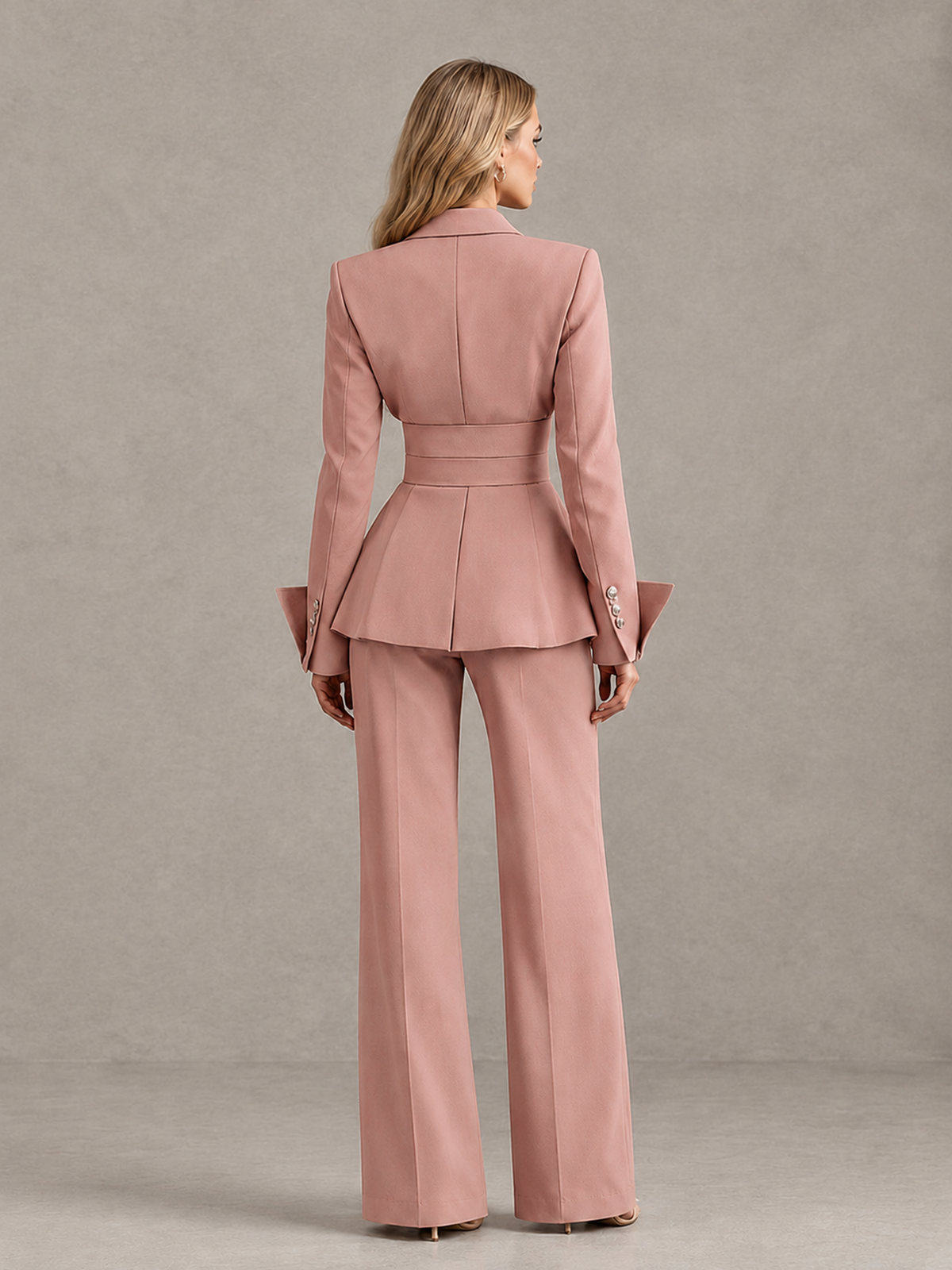 BOLODOO Dusty Rose Belted Peplum Pantsuit with Long Sleeves & Wide-Leg Trousers - Dusty Rose - Dusty Rose_02