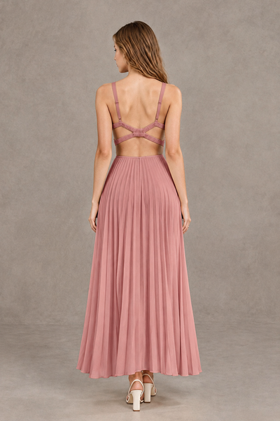 BOLODOO Dusty Rose V-Neck Pleated Open-Back Maxi Dress - Dusty Rose - Dusty Rose_02