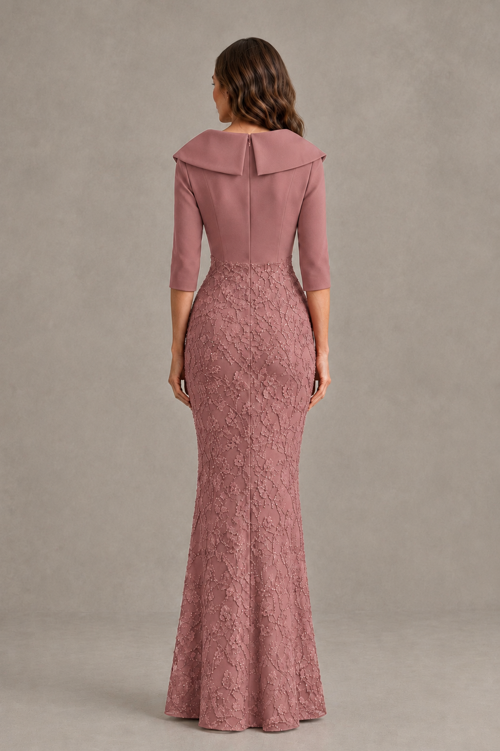 BOLODOO Dusty Rose Three-Quarter Sleeve Mermaid Evening Dress with Floral Detail - Dusty Rose - Dusty Rose_02