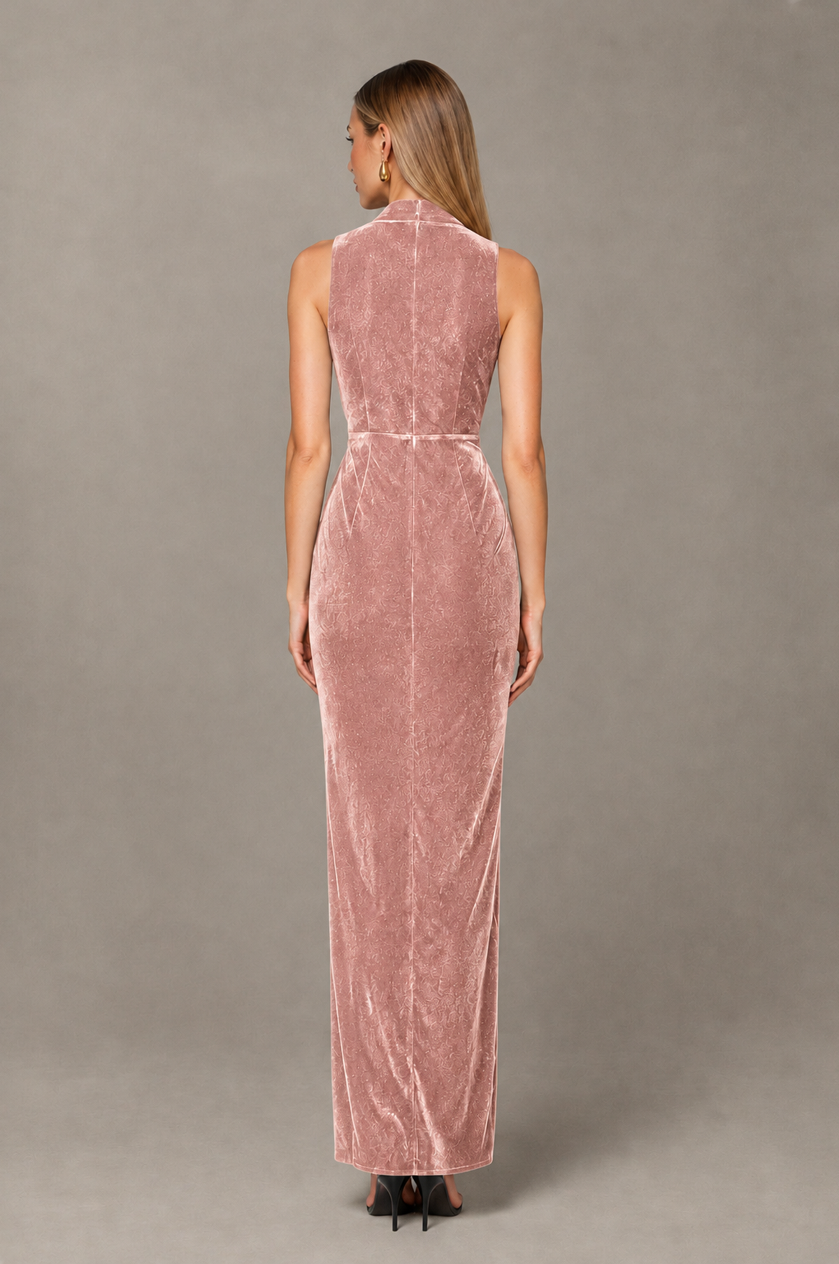 BOLODOO Dusty Rose Velvet-Look Sleeveless V-Neck Ruched Slit Maxi Dress - Dusty Rose - Dusty Rose_02