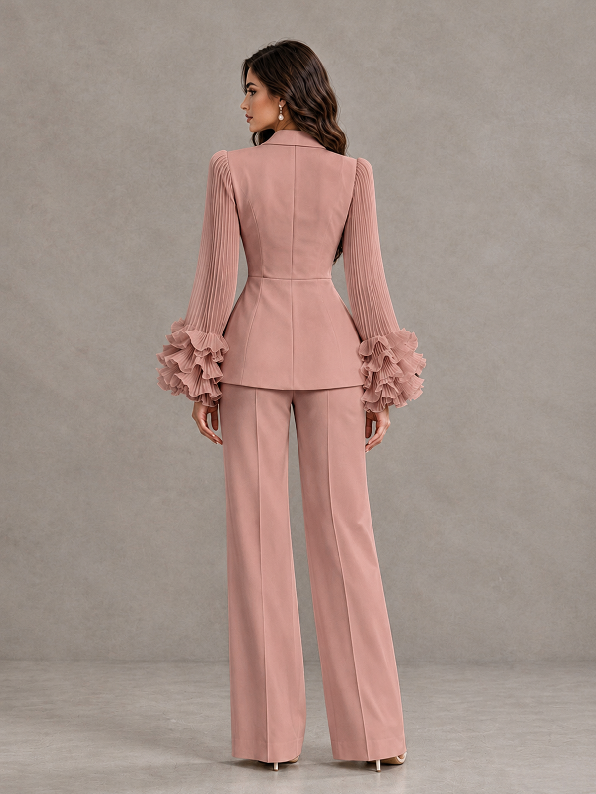 BOLODOO Dusty Rose Mother of the Bride Pant Suit – Pleated Long Sleeve Ruffle Cuff Wide Leg Trouser Suit - Dusty Rose - Dusty Rose_02
