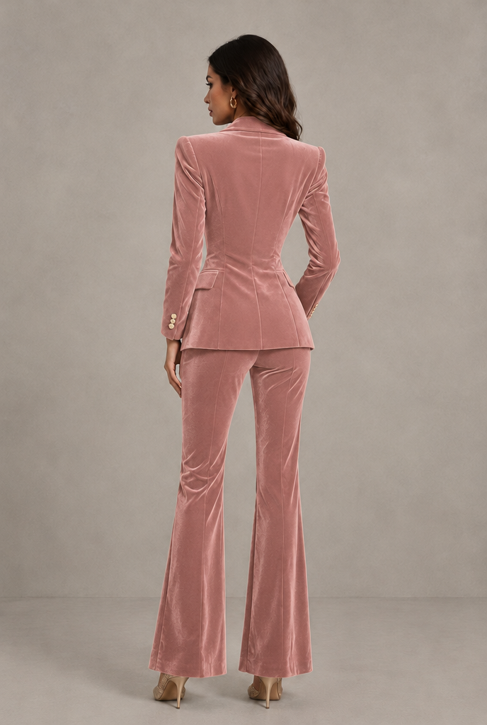 BOLODOO Dusty Rose Velvet Double-Breasted Blazer & Pants Two-Piece Suit - Dusty Rose - Dusty Rose_02