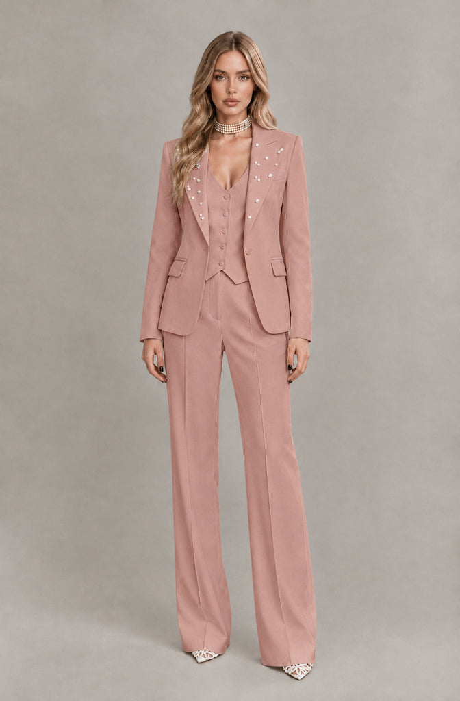 BOLODOO Dusty Rose Women's Three-Piece Pantsuit with Blazer & Vest - Dusty Rose - Dusty Rose_03