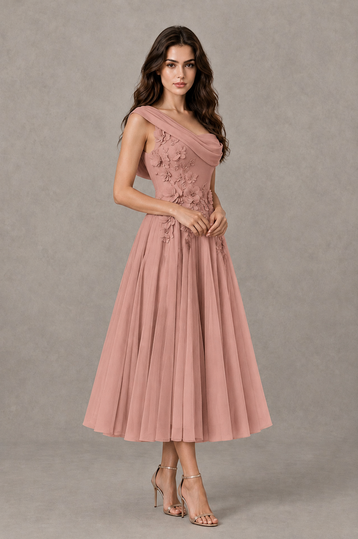 BOLODOO Dusty Rose One-Shoulder Floral Tulle Tea-Length Dress - Dusty Rose - Dusty Rose_03
