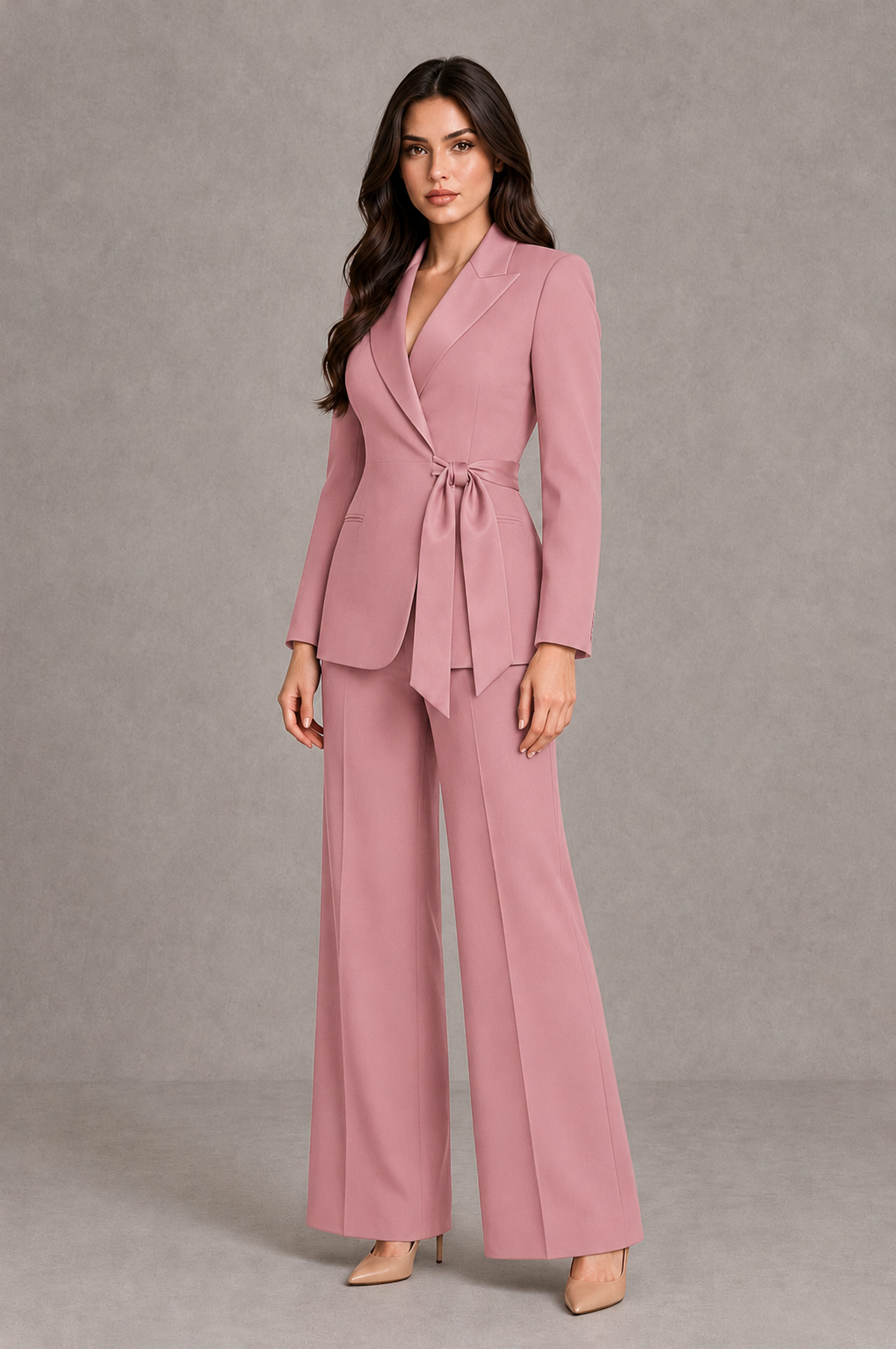 BOLODOO Dusty Rose Tie-Waist Blazer & Wide-Leg Pantsuit - Dusty Rose - Dusty Rose_03