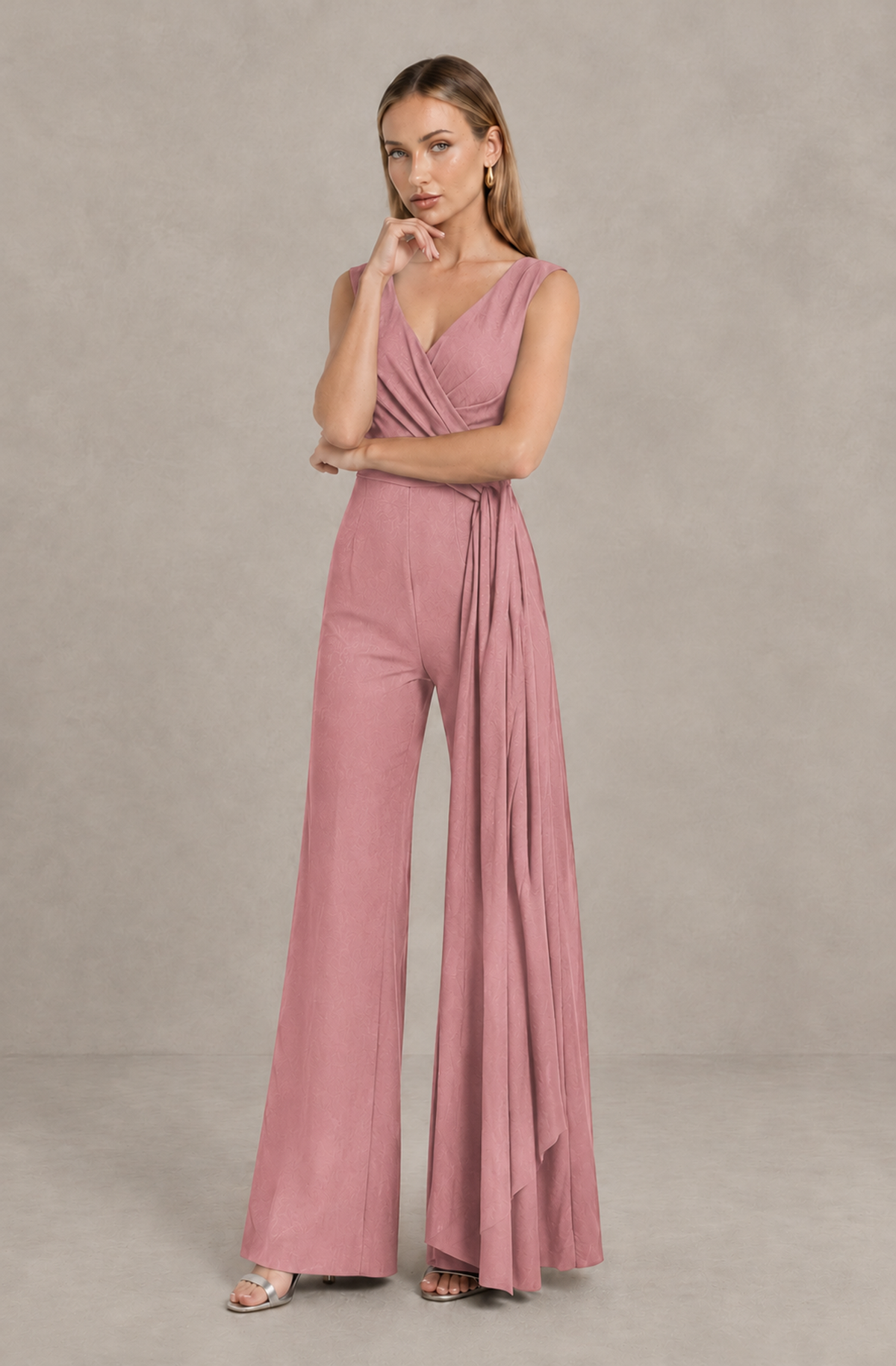 BOLODOO Dusty Rose Sleeveless V-Neck Wide-Leg Jumpsuit with Side Drape - Dusty Rose - Dusty Rose_03