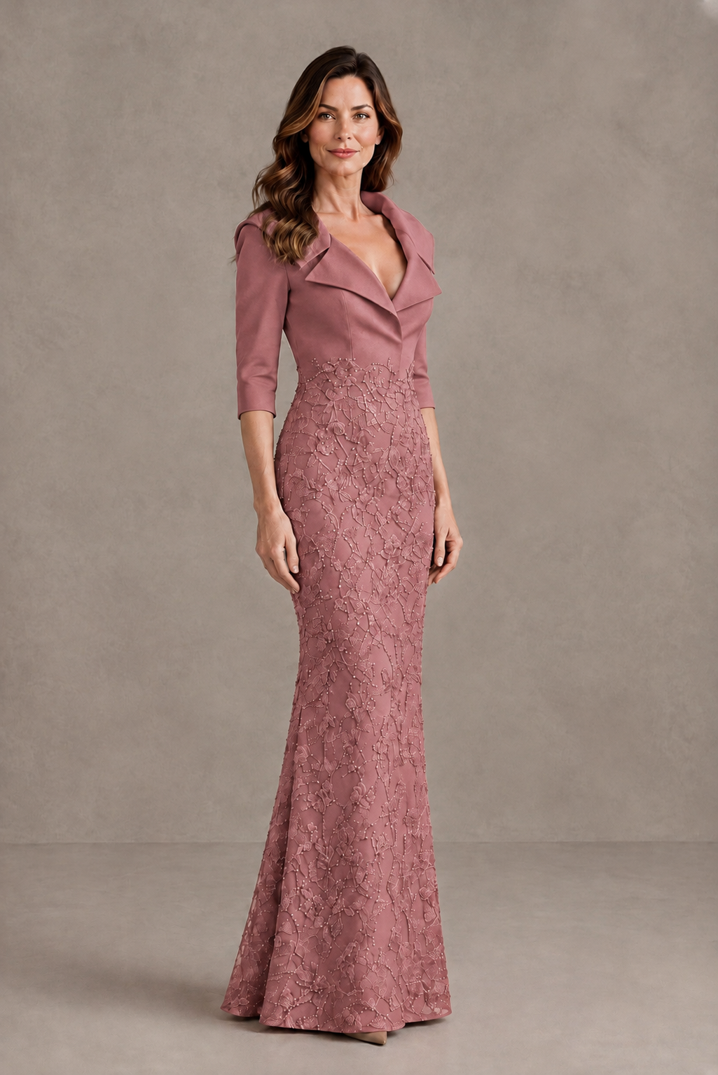 BOLODOO Dusty Rose Three-Quarter Sleeve Mermaid Evening Dress with Floral Detail - Dusty Rose - Dusty Rose_03