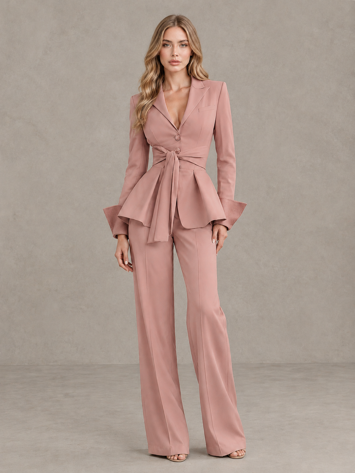 BOLODOO Dusty Rose Belted Peplum Pantsuit with Long Sleeves & Wide-Leg Trousers - Dusty Rose - Dusty Rose_03