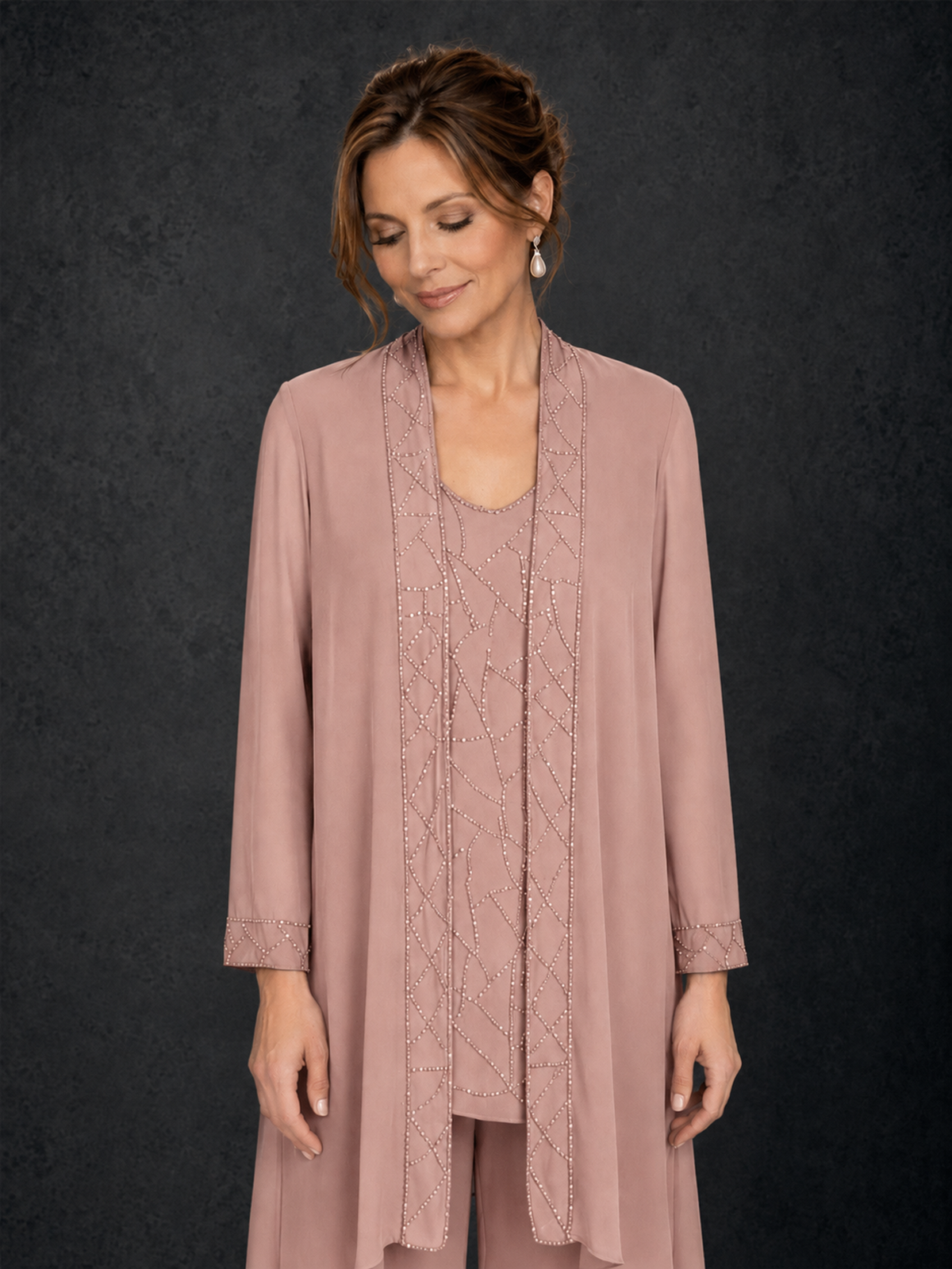BOLODOO Dusty Rose 3-Piece Beaded Chiffon Duster Jacket Pant Suit - Dusty Rose - Dusty Rose_03