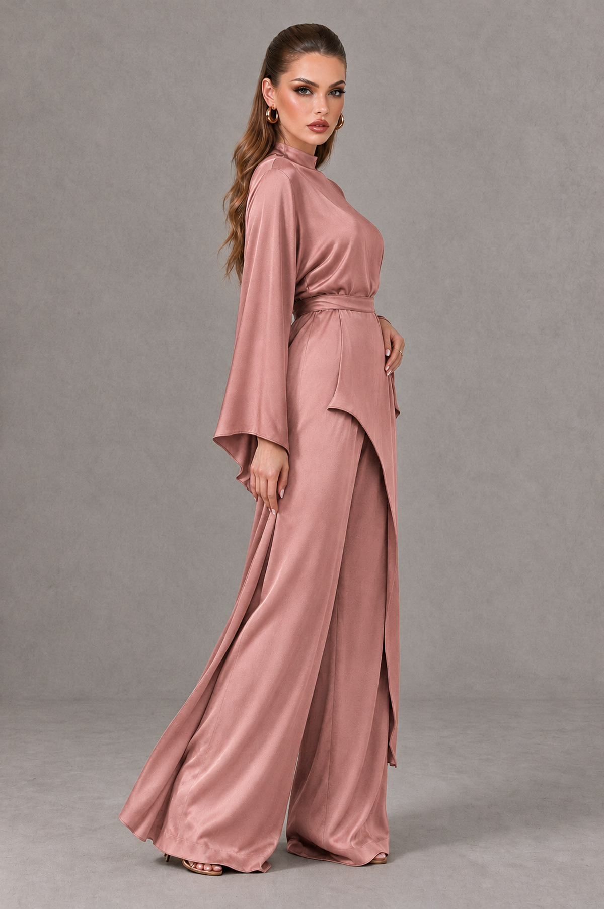 BOLODOO Dusty Rose Satin-Look Long Sleeve Wide-Leg Jumpsuit - Dusty Rose - Dusty Rose_03