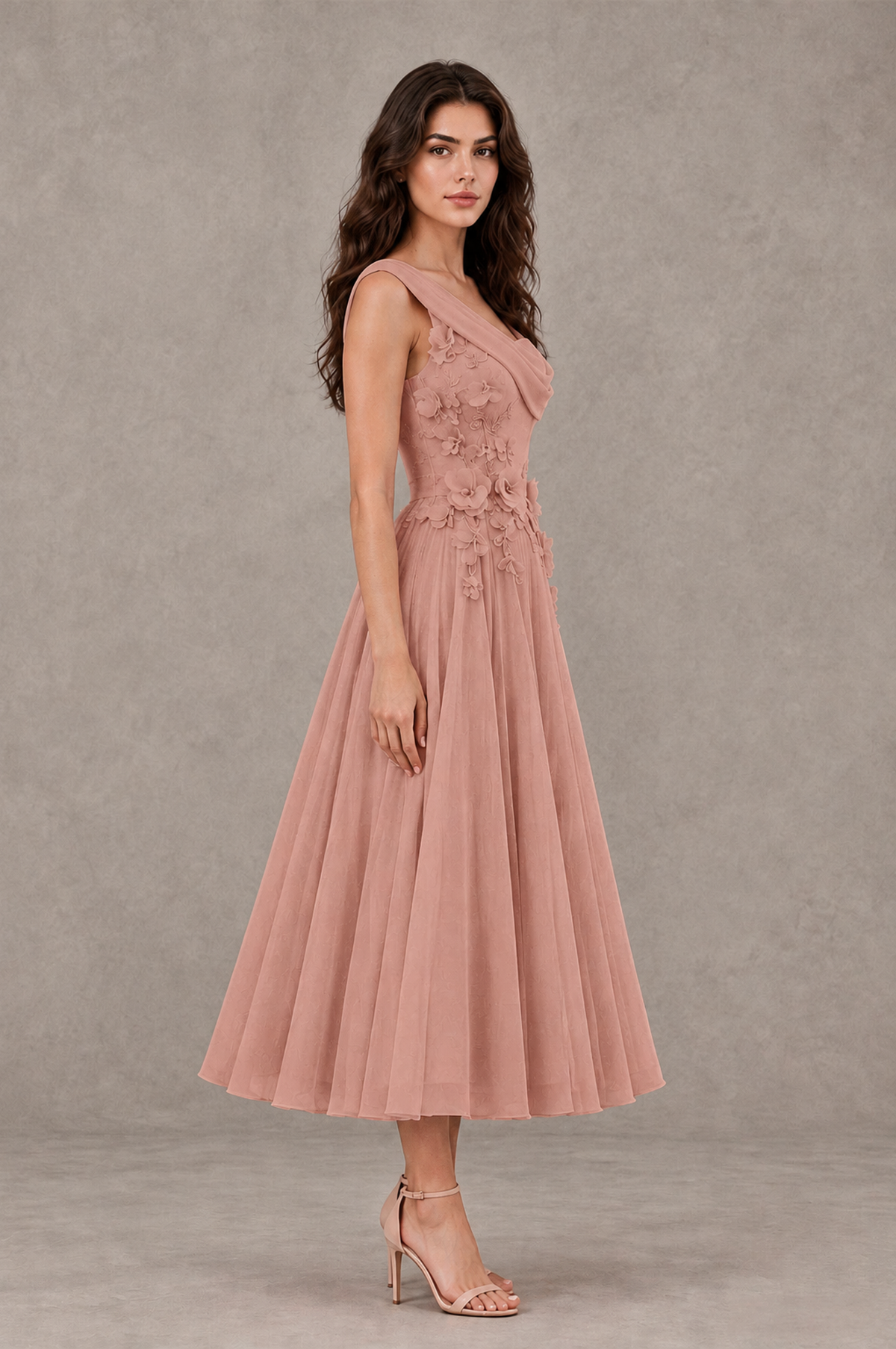 BOLODOO Dusty Rose One-Shoulder Floral Tulle Tea-Length Dress - Dusty Rose - Dusty Rose_04