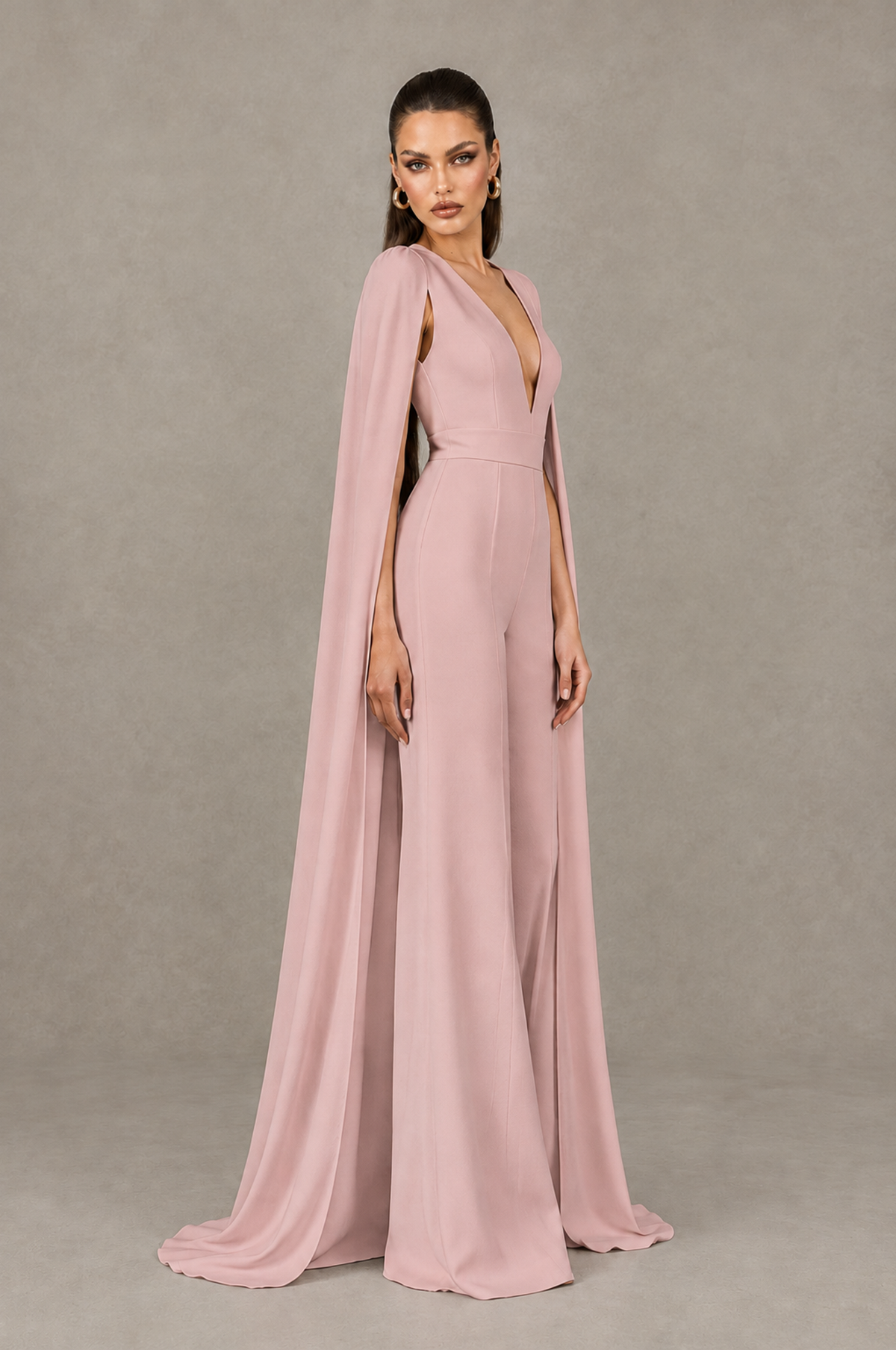 BOLODOO Dusty Rose Deep V-Neck Cape Sleeve Bridal Jumpsuit - Dusty Rose - Dusty Rose_04