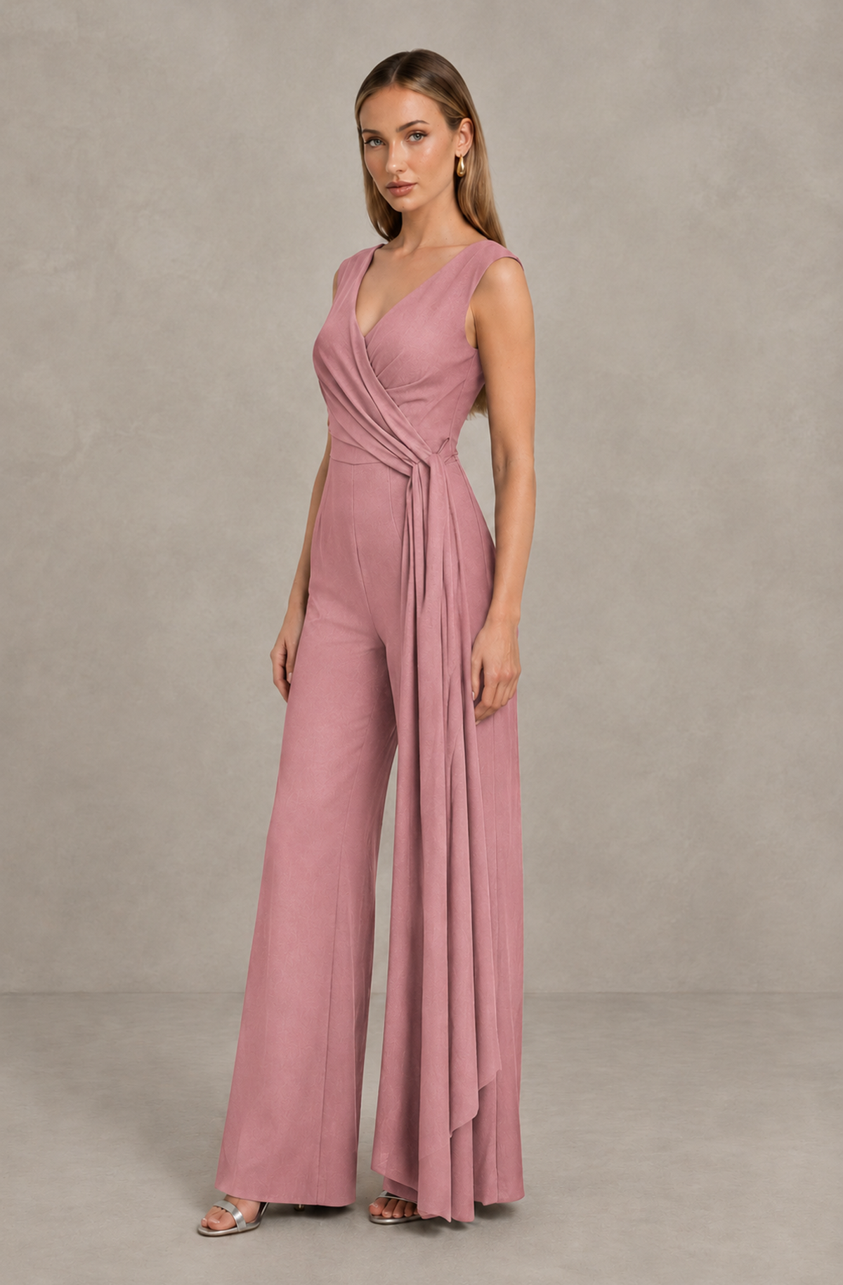 BOLODOO Dusty Rose Sleeveless V-Neck Wide-Leg Jumpsuit with Side Drape - Dusty Rose - Dusty Rose_04