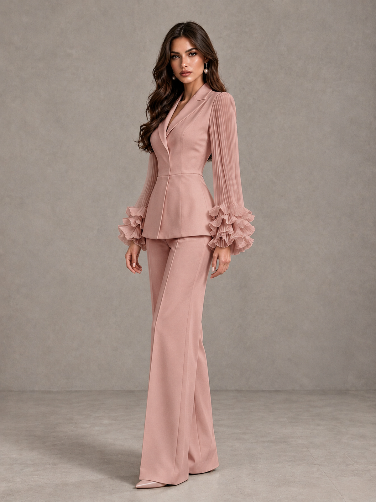 BOLODOO Dusty Rose Mother of the Bride Pant Suit – Pleated Long Sleeve Ruffle Cuff Wide Leg Trouser Suit - Dusty Rose - Dusty Rose_04