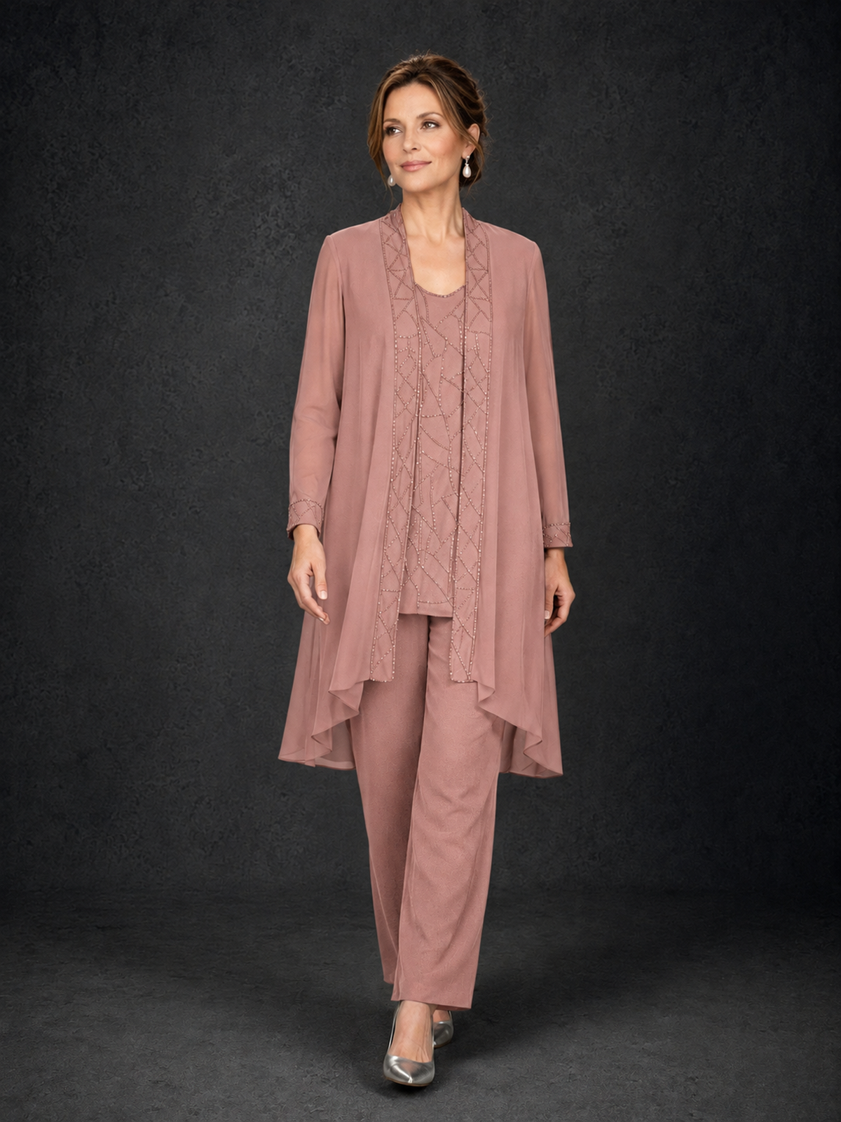 BOLODOO Dusty Rose 3-Piece Beaded Chiffon Duster Jacket Pant Suit - Dusty Rose - Dusty Rose_04