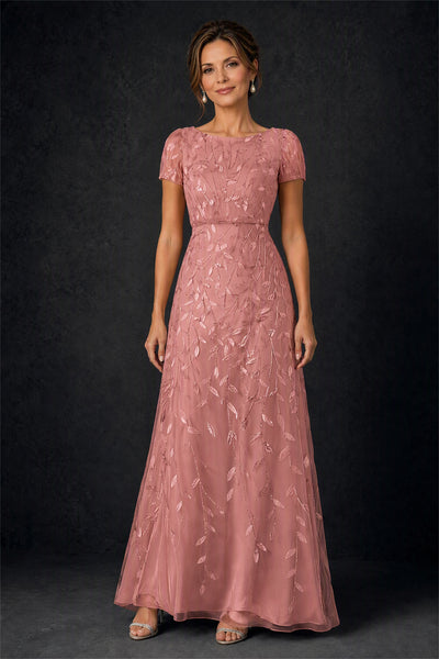 BOLODOO Dusty Rose Leaf Embroidered A-Line Formal Gown with Cap Sleeves - Dusty Rose