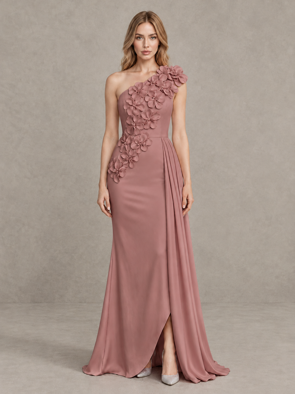 BOLODOO Dusty Rose One-Shoulder Satin Mermaid Evening Gown with 3D Floral Appliqué - Dusty Rose - Dusty Rose_1