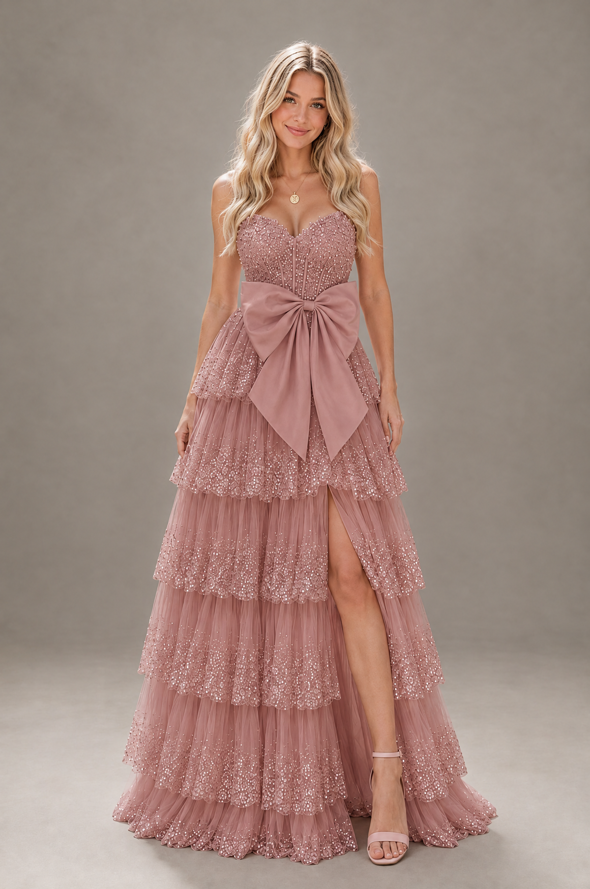 BOLODOO Dusty Rose Strapless Tiered Tulle Prom Dress with Bow - Dusty Rose - Dusty_Rose_1