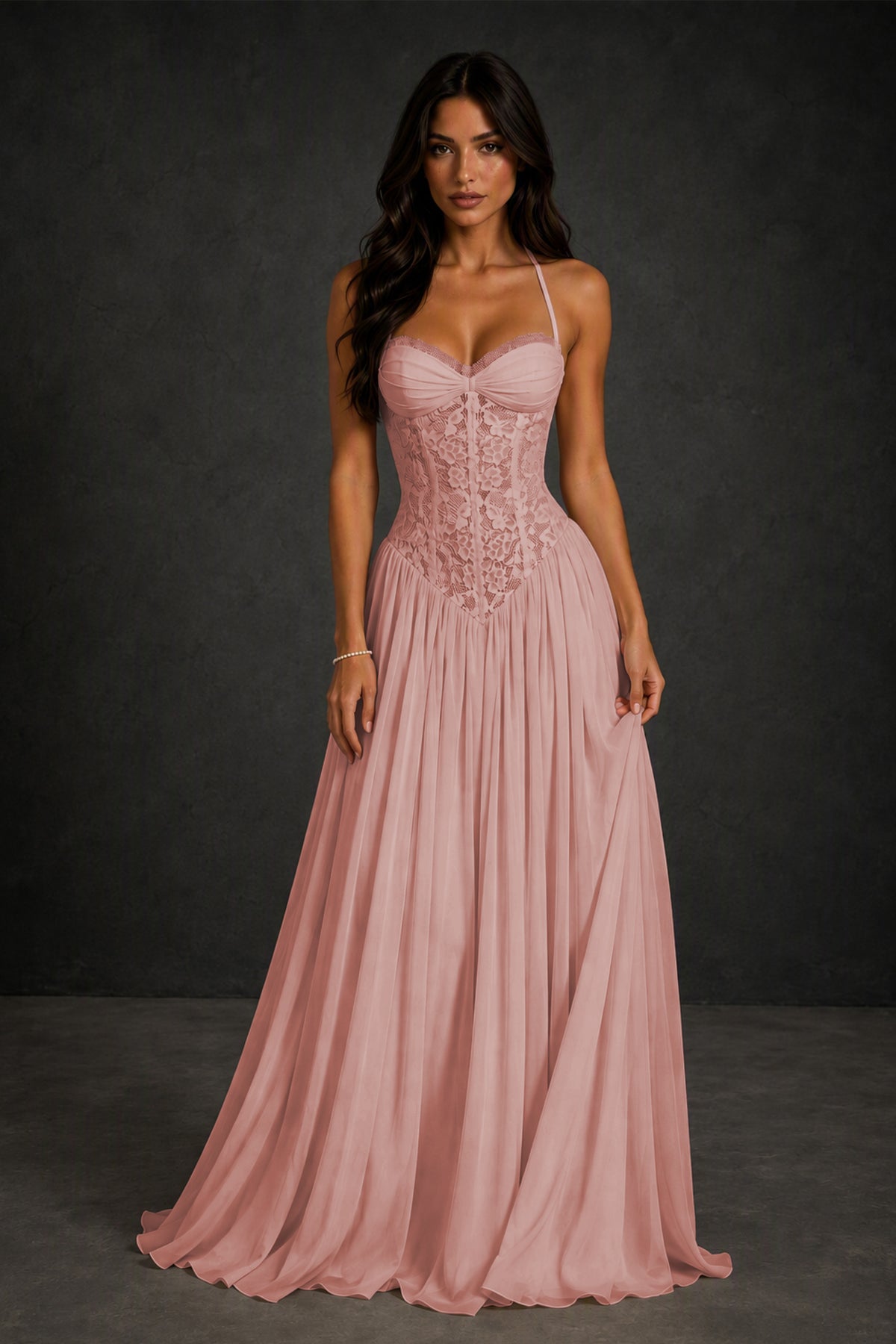 BOLODOO Dusty Rose Lace Corset Halter Maxi Gown – Backless A-Line Formal Dress - Dusty Rose
