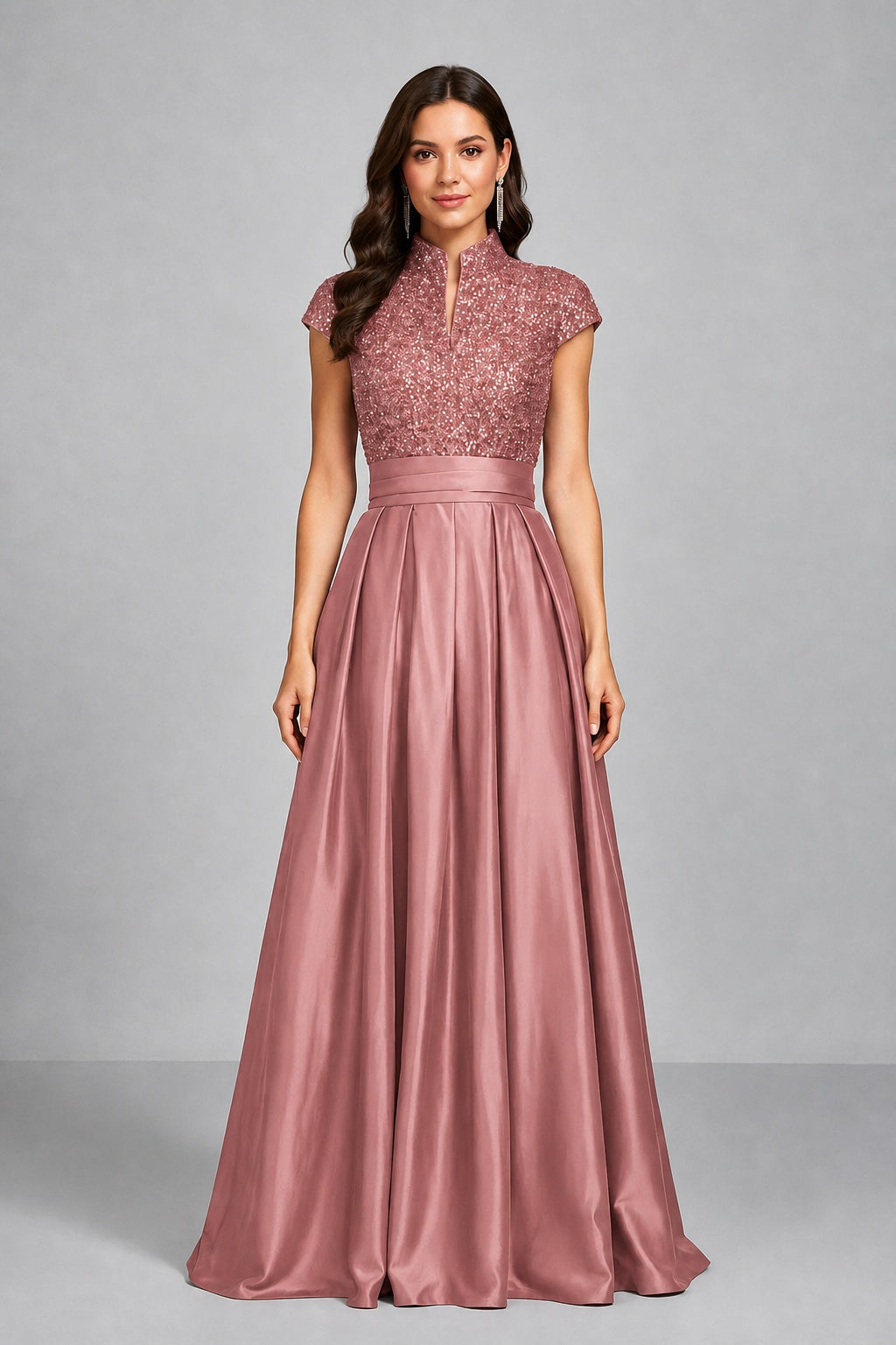 BOLODOO Dusty Rose Sequin Embroidered High Neck Cap Sleeve A-Line Ball Gown – Formal Evening Dress - Dusty Rose