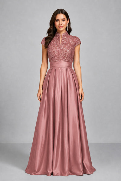 BOLODOO Dusty Rose Sequin Embroidered High Neck Cap Sleeve A-Line Ball Gown – Formal Evening Dress - Dusty Rose