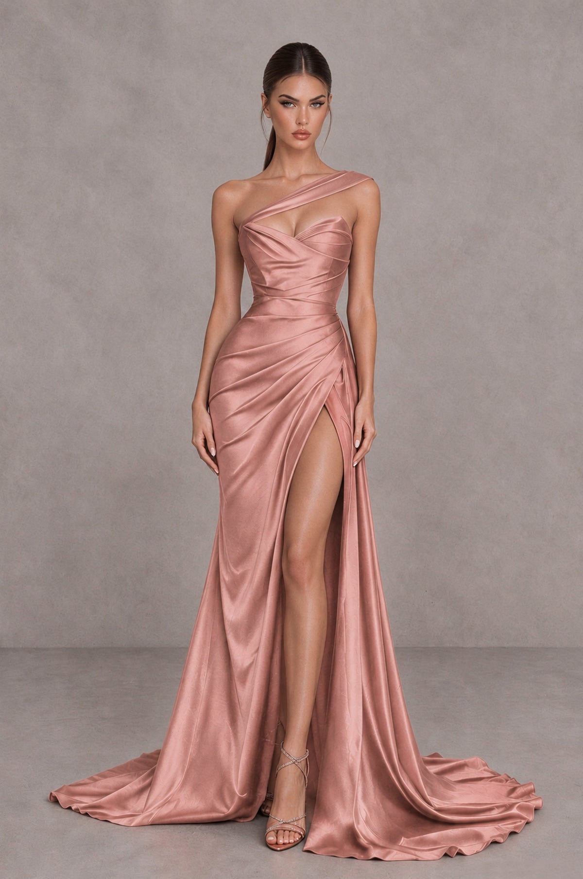 BOLODOO Dusty Rose One Shoulder Satin Mermaid Evening Dress with Ruched Slit Skirt - Dusty Rose - Dusty Rose_1