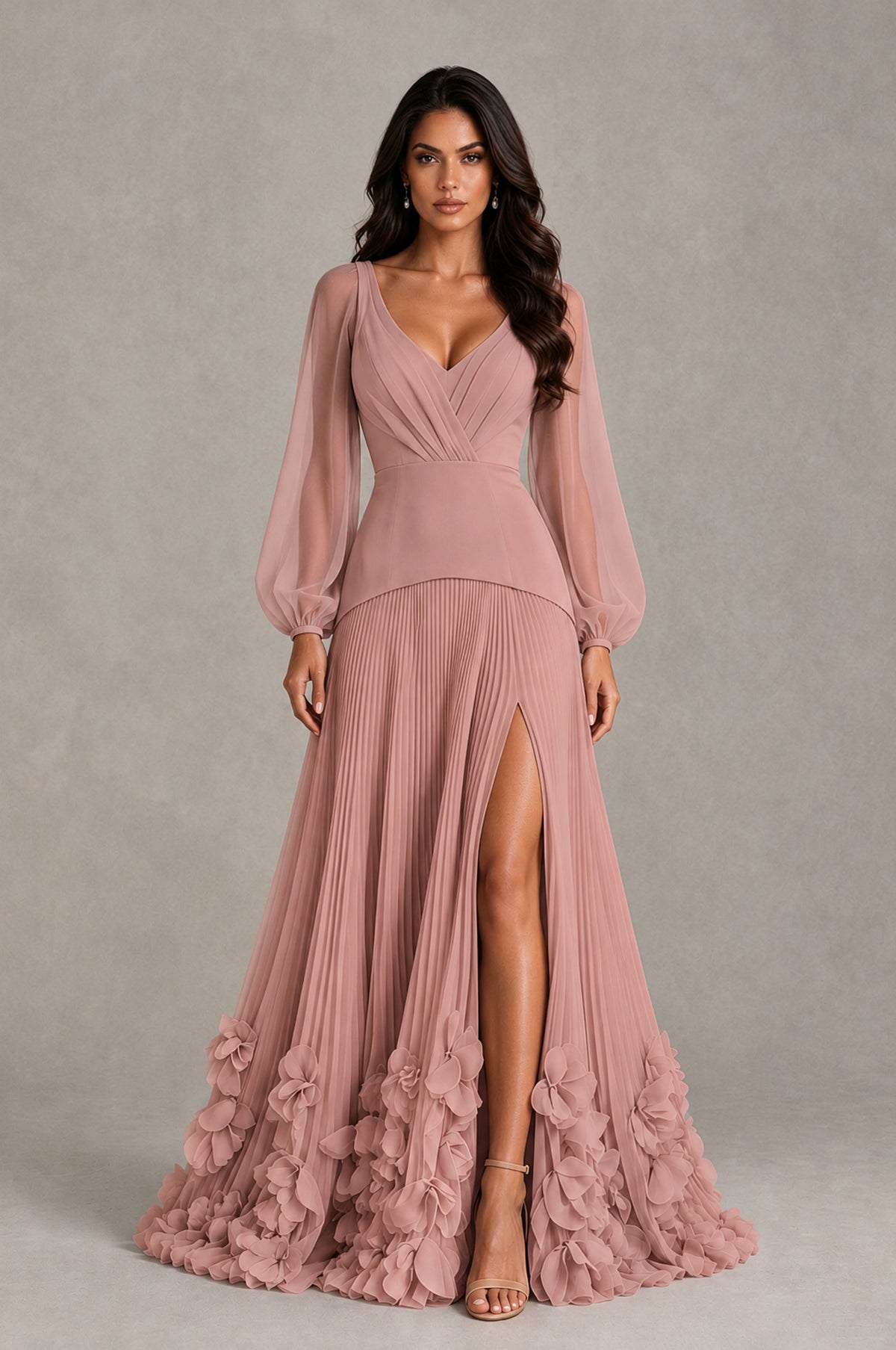 BOLODOO Dusty Rose V-Neck Long Sleeve Pleated Floral Hem Evening Dress - Dusty Rose - Dusty Rose_1