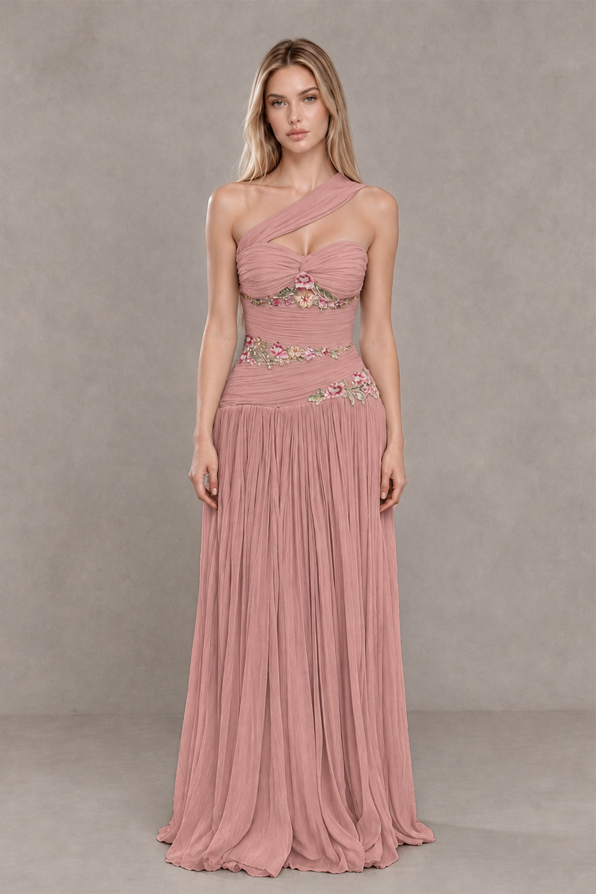 BOLODOO Dusty Rose One-Shoulder Floral Applique A-Line Evening Dress - Dusty Rose - Dusty Rose_1