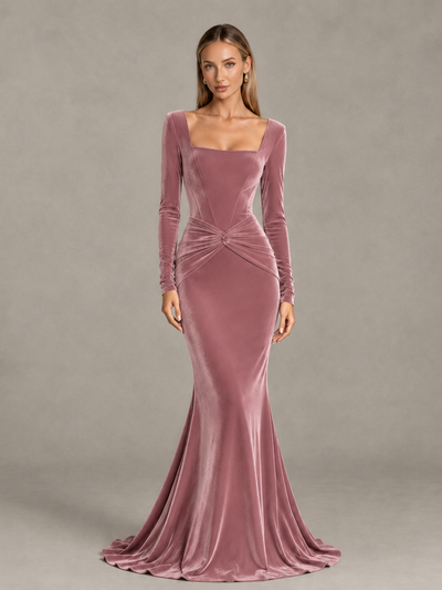 BOLODOO Dusty Rose Velvet-Look Square Neck Long Sleeve Mermaid Evening Dress - Dusty Rose - Dusty Rose_1