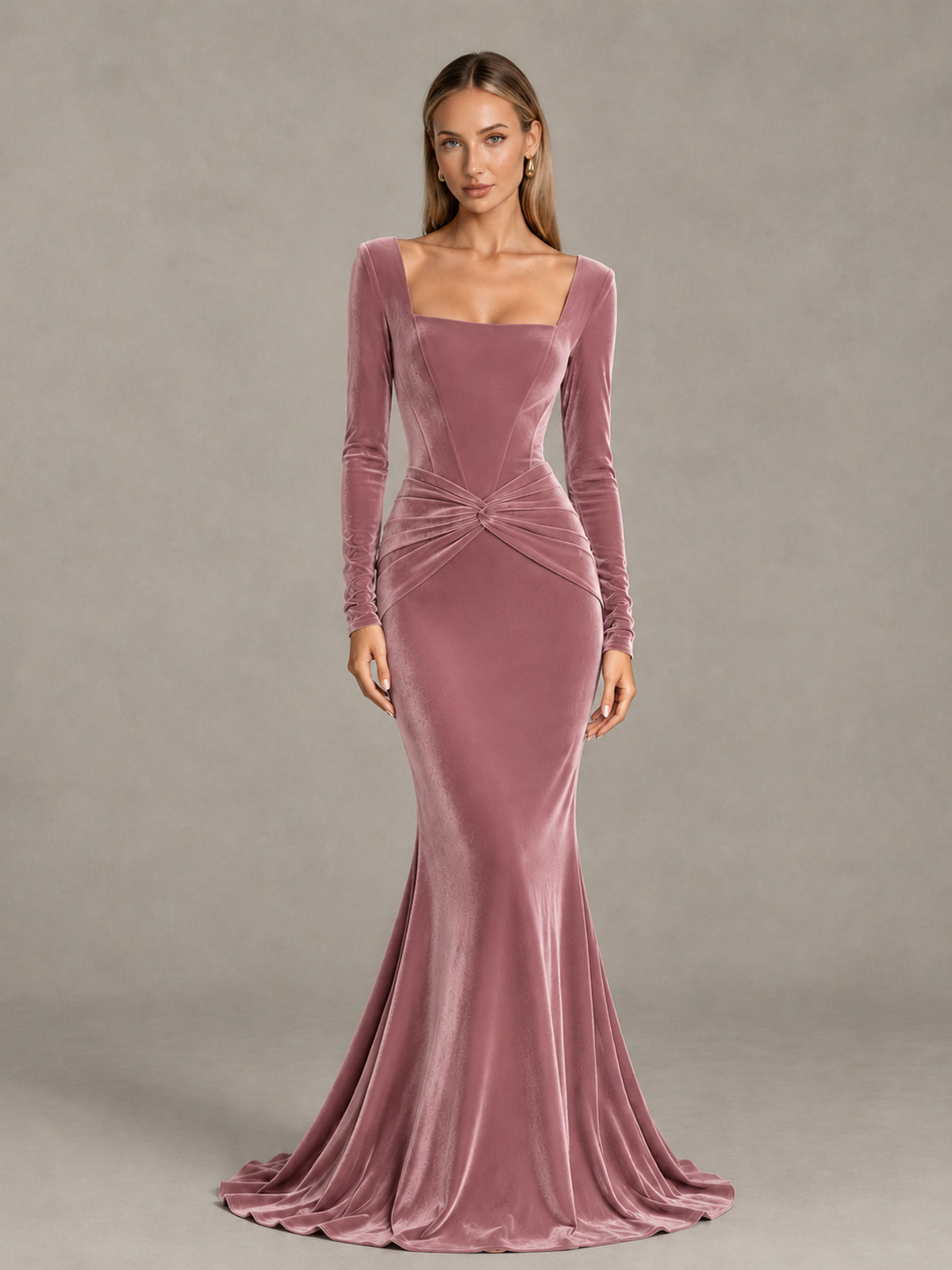 BOLODOO Dusty Rose Velvet-Look Square Neck Long Sleeve Mermaid Evening Dress - Dusty Rose - Dusty Rose_1
