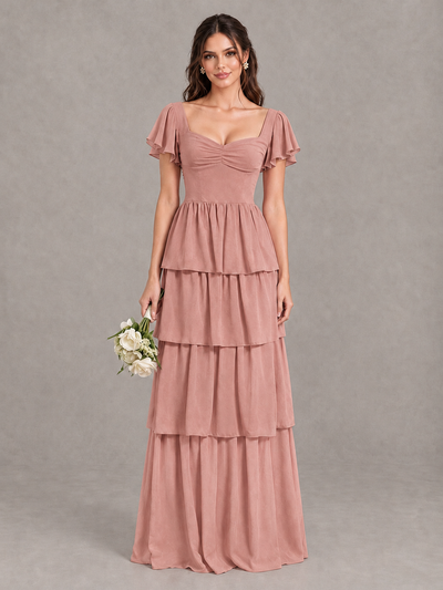 BOLODOO Dusty Rose Flutter Sleeve Tiered Maxi Bridesmaid Dress - Dusty Rose - Dusty Rose_1
