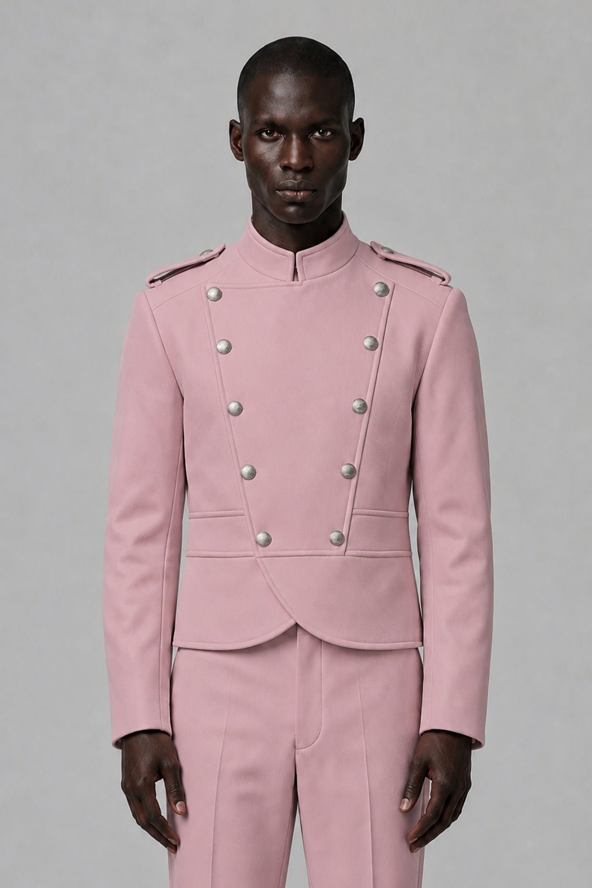 Bolodoo Men's Dusty Rose Military-Inspired Two-Piece Suit with Stand Collar - Dusty Rose - Dusty Rose_1
