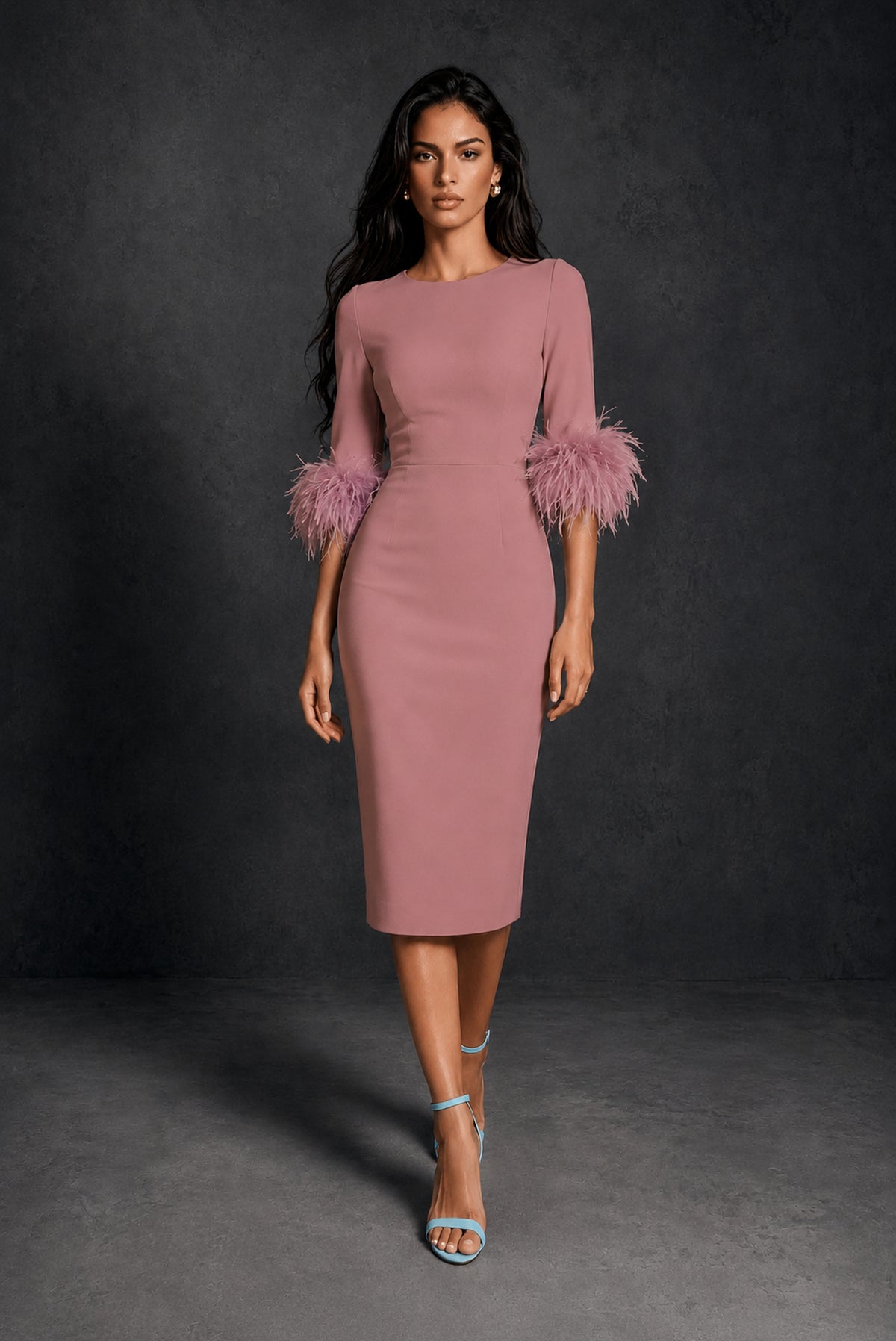 BOLODOO Dusty Rose Ostrich Feather Cuff 3/4 Sleeve Round Neck Bodycon Midi Dress with Back Slit - Dusty Rose