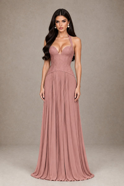 BOLODOO Dusty Rose Halter Corset Pleated A-Line Evening Dress - Dusty Rose - Dusty Rose_1