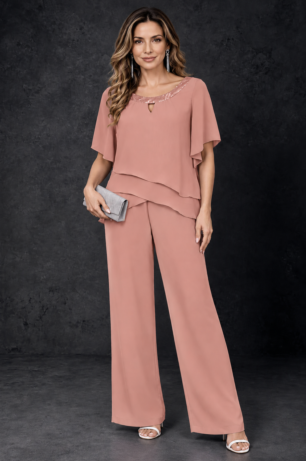 BOLODOO Dusty Rose Layered Chiffon-Look Mother of the Bride Pantsuit - Dusty Rose - Dusty_Rose_1
