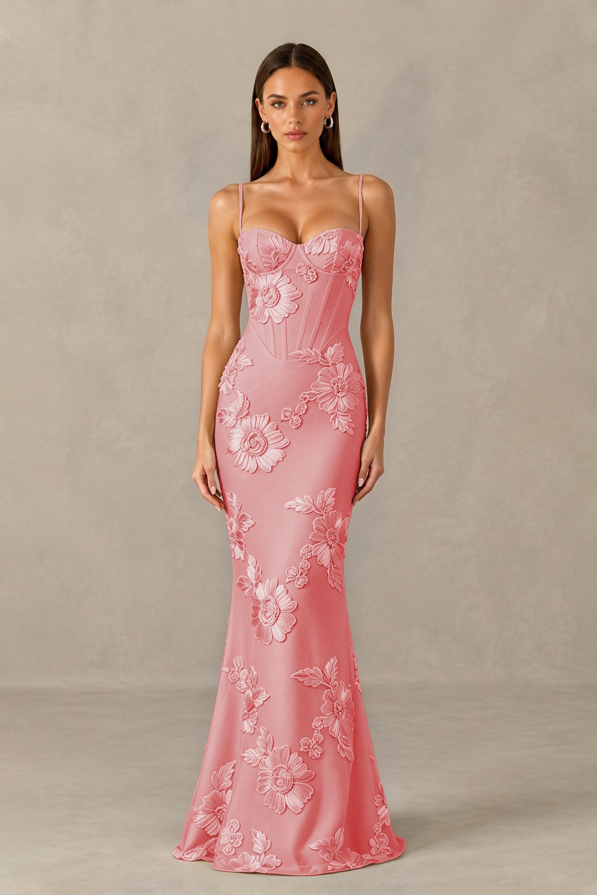 BOLODOO Dusty Rose Floral Lace-Up Back Mermaid Maxi Dress - Dusty Rose