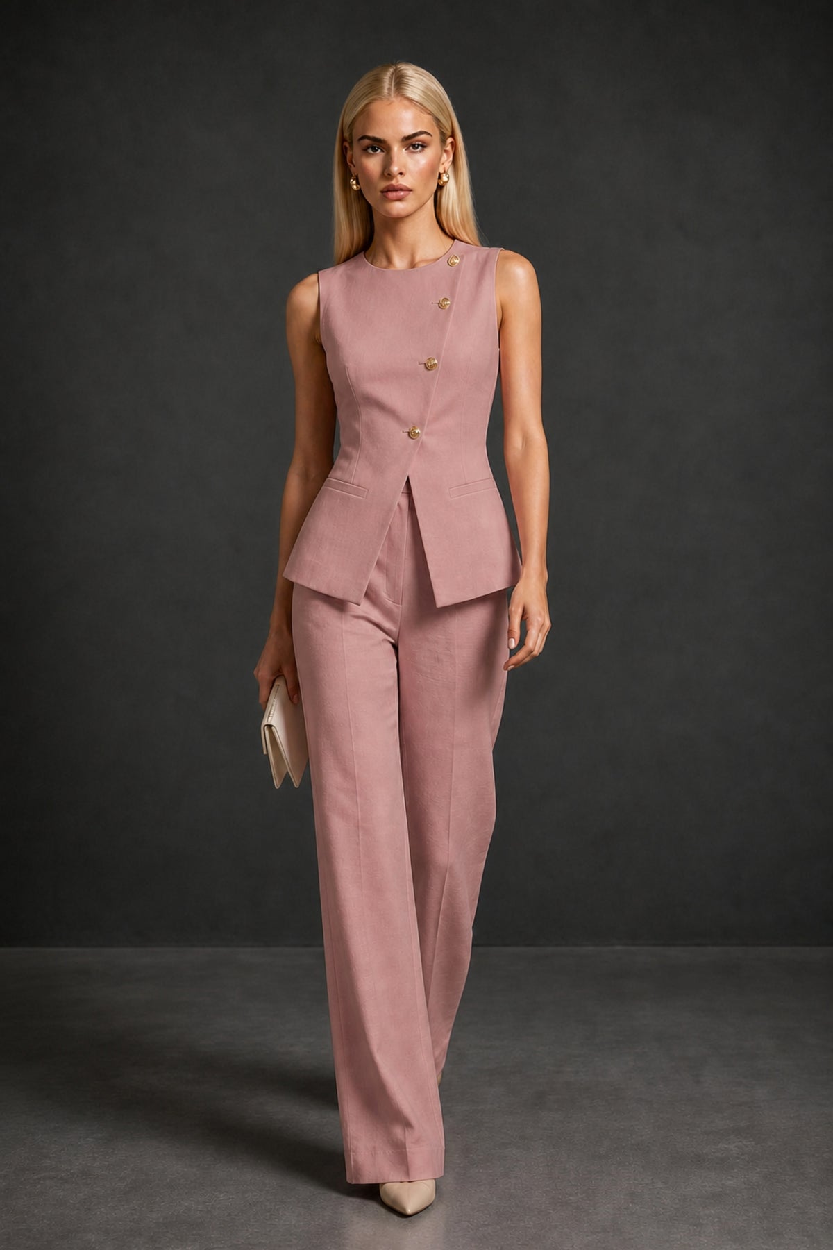 BOLODOO Dusty Rose Sleeveless Vest Top & Wide-Leg Trousers Two-Piece Suit Set – Dusty Rose Button Asymmetric Formal Set - Dusty Rose