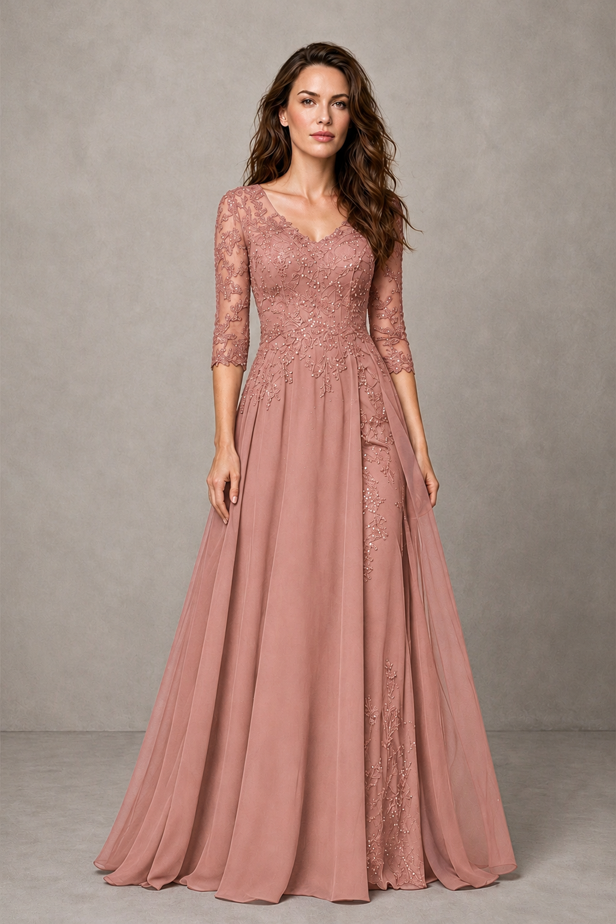 BOLODOO Midnight Dusty Rose Beaded Lace Appliqué Chiffon A-Line Gown | Mother of the Bride & Formal Evening Dress - Dusty Rose - Dusty Rose_1