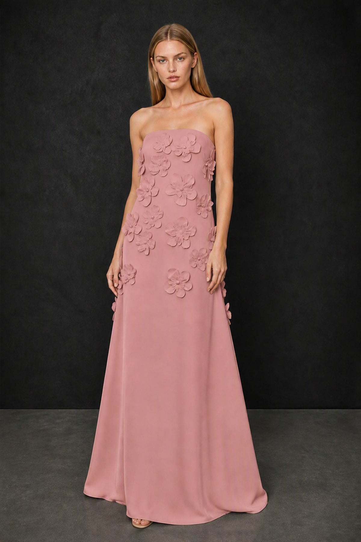 BOLODOO Dusty Rose Strapless 3D Floral Appliqué Crepe Mermaid Maxi Gown - Dusty Rose