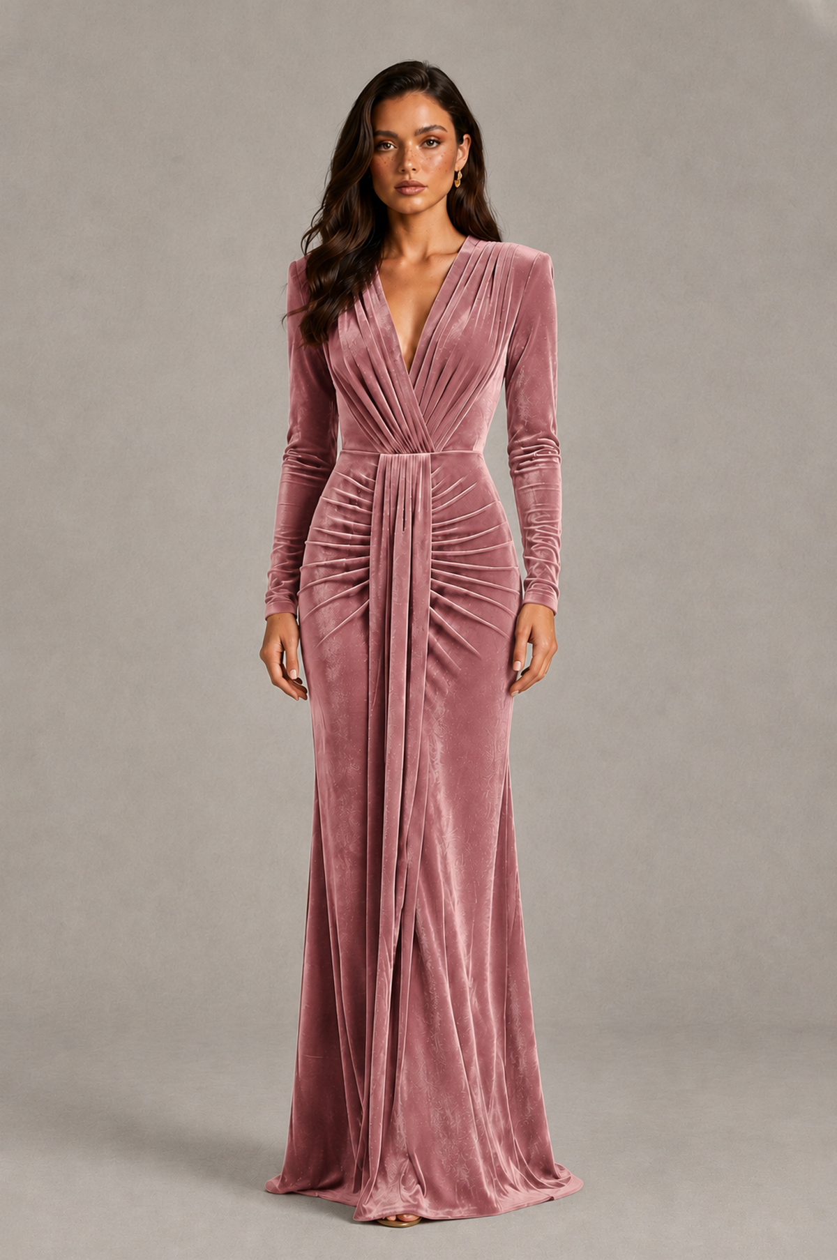 BOLODOO Dusty Rose Velvet Long Sleeve V-Neck Ruched Evening Gown - Dusty Rose