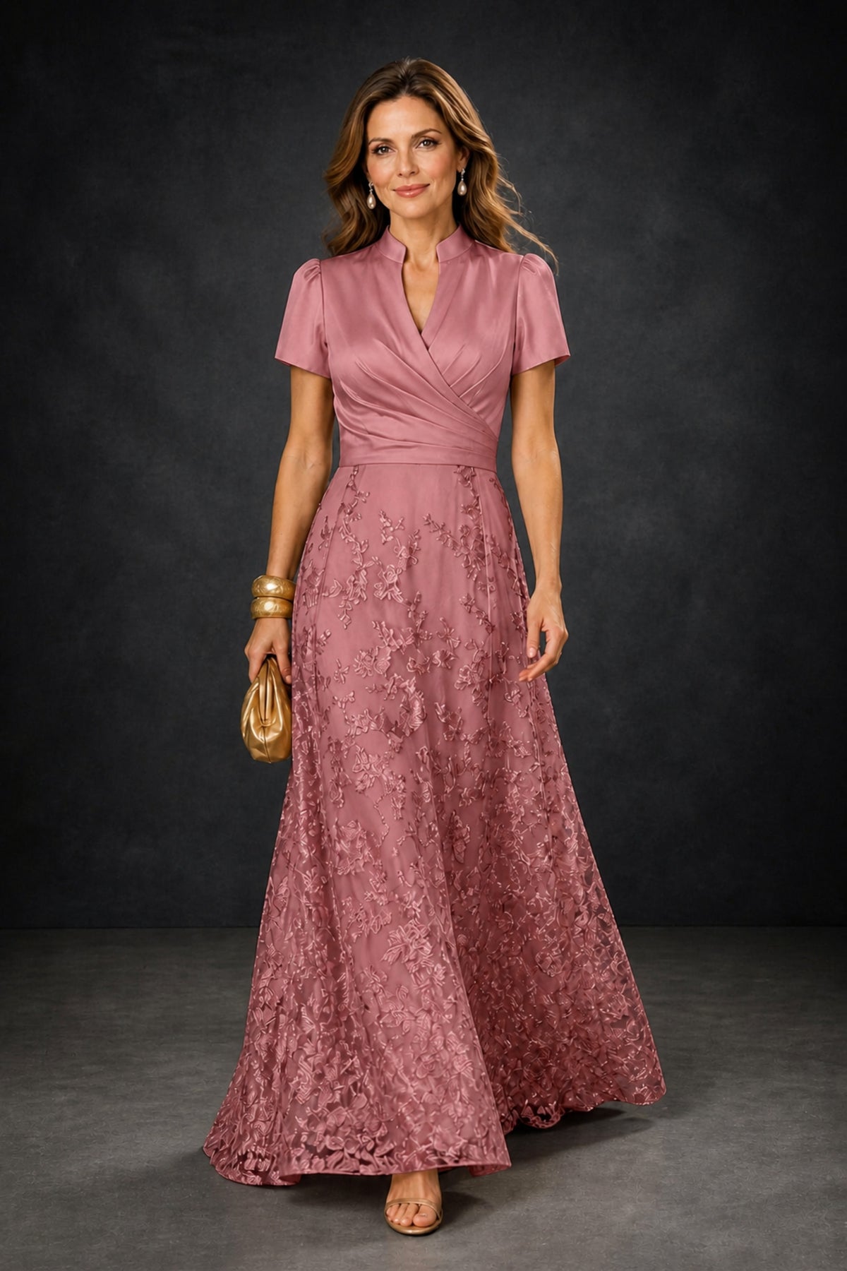 BOLODOO Dusty Rose Satin Wrap V-Neck Short Sleeve Lace Glitter A-Line Floor Length Evening Gown – Formal Dress - Dusty Rose
