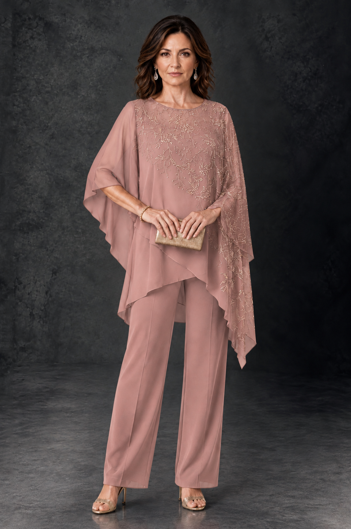 BOLODOO Dusty Rose Embellished Cape Pant Suit for Mother of the Bride - Dusty Rose - Dusty_Rose_1
