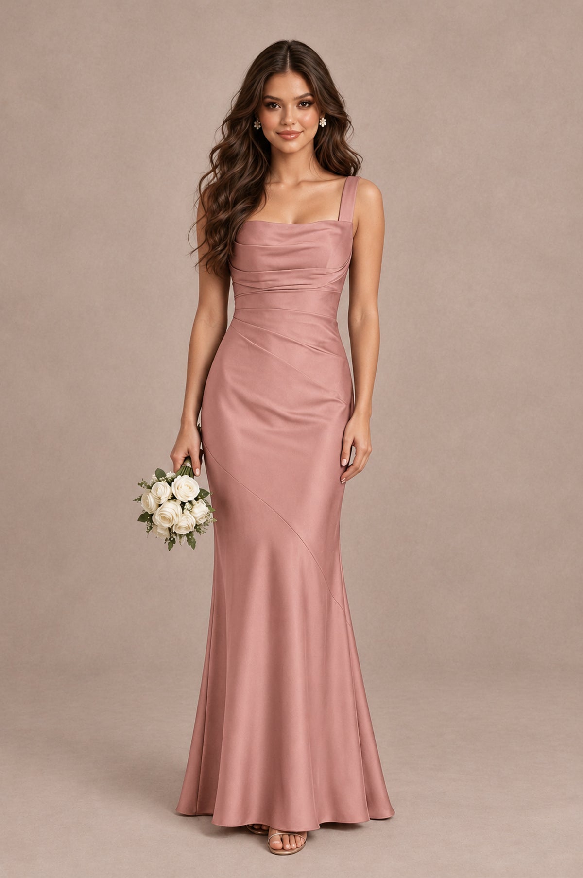 BOLODOO Dusty Rose Square Neck Ruched Satin Lace-Up Bridesmaid Dress - Dusty Rose - Dusty Rose_1