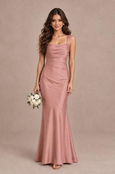 BOLODOO Dusty Rose Square Neck Ruched Satin Lace-Up Bridesmaid Dress - Dusty Rose - Dusty Rose_1