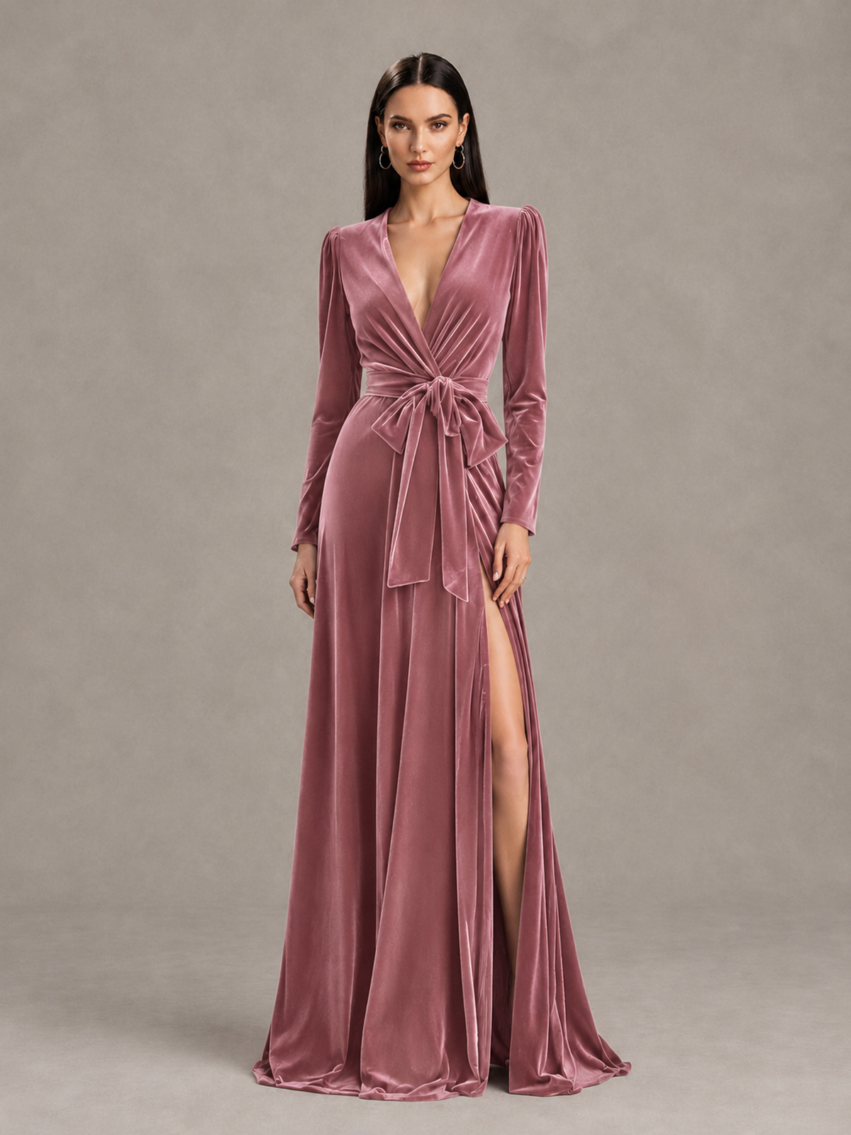 BOLODOO Dusty Rose Long Sleeve Velvet-Look Evening Dress with High Slit - Dusty Rose - Dusty Rose_1