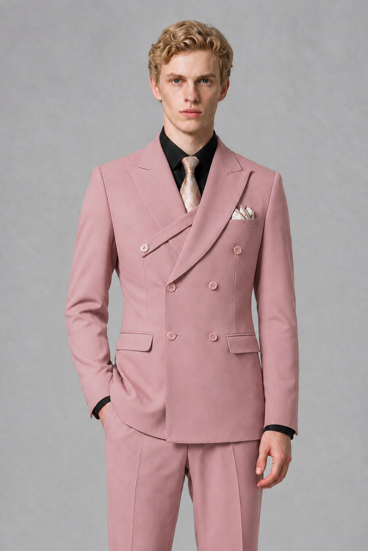 BOLODOO Men's Dusty Rose Double-Breasted Two-Piece Suit – Jacket & Trousers - Dusty Rose