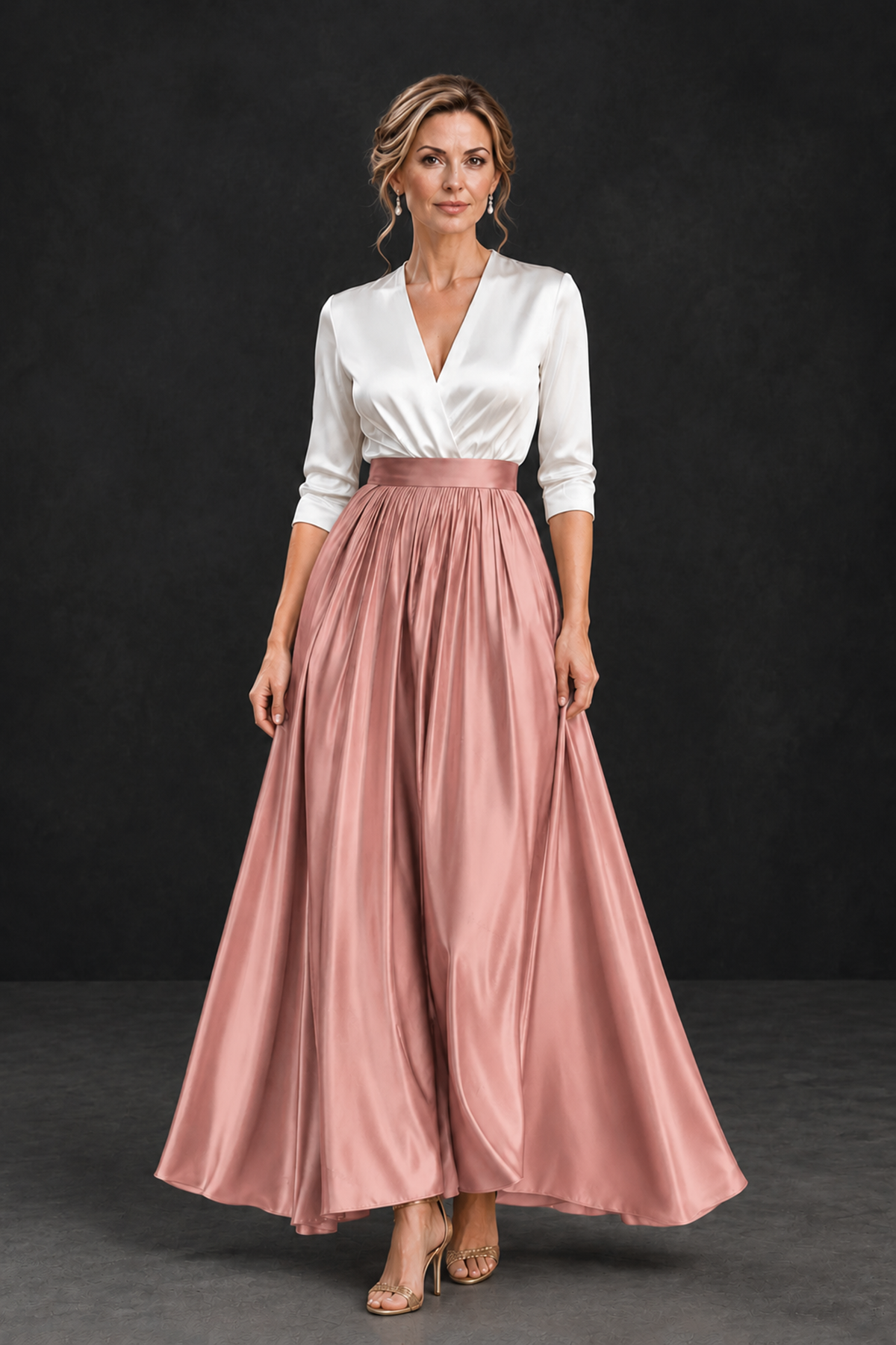 BOLODOO Dusty Rose and White V-Neck A-Line Mother of the Bride Dress - Dusty Rose - Dusty Rose_1